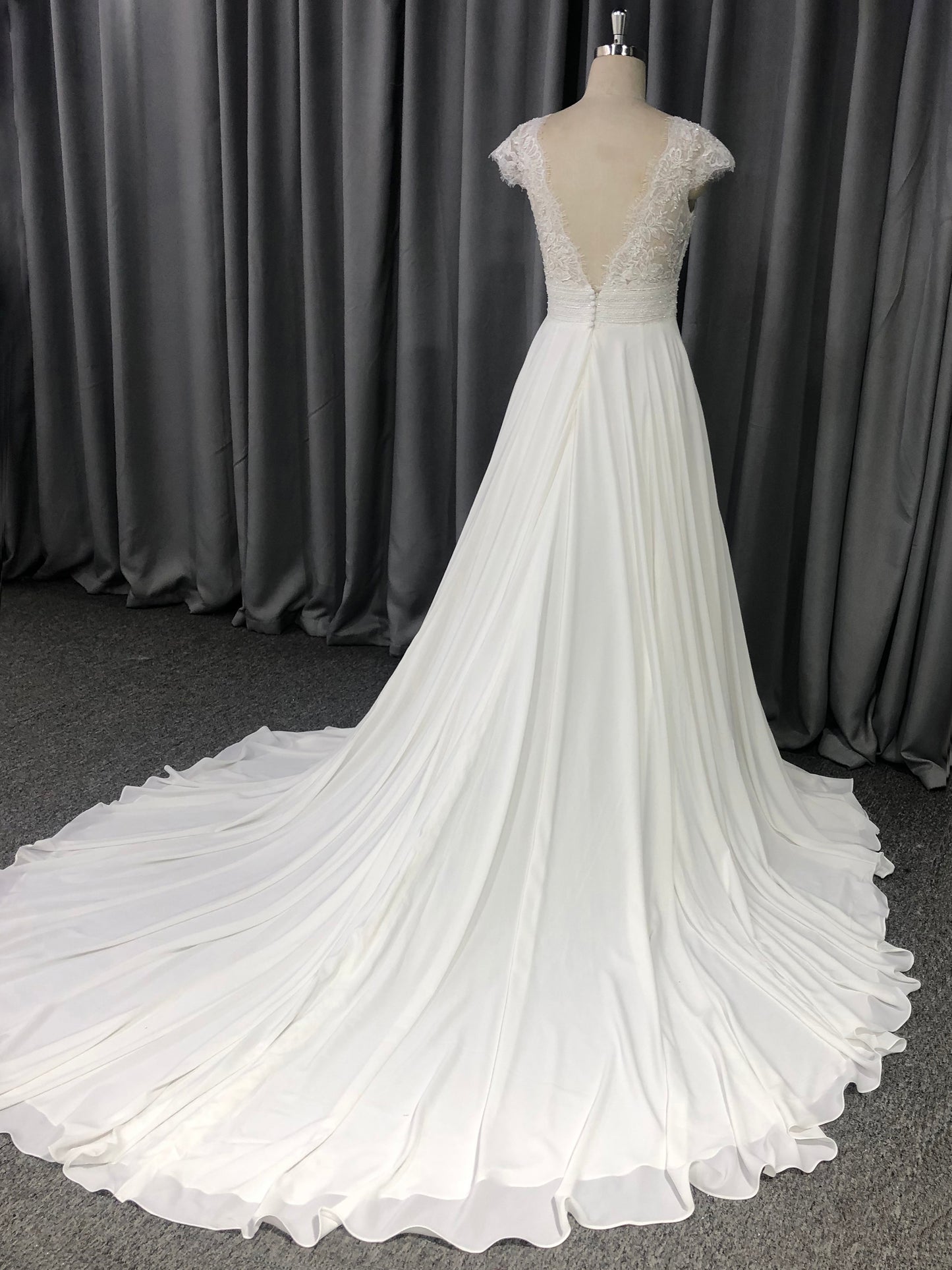 Cap sleeves V Neck  Lace With Beads  A-line  Wedding Dress With Train C0011