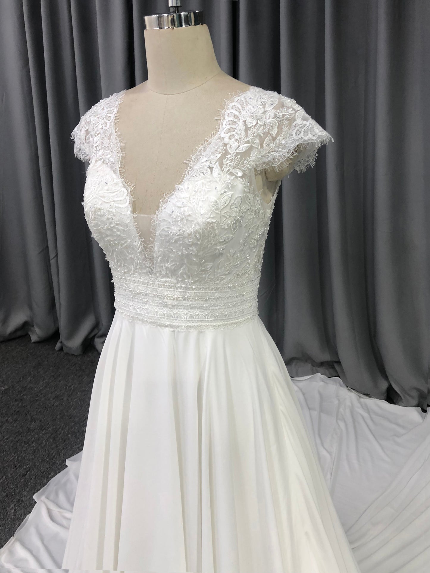 Cap sleeves V Neck  Lace With Beads  A-line  Wedding Dress With Train C0011