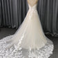 V Neck Tulle With  Lace Appliques A-line Wedding Dress With Train C0013