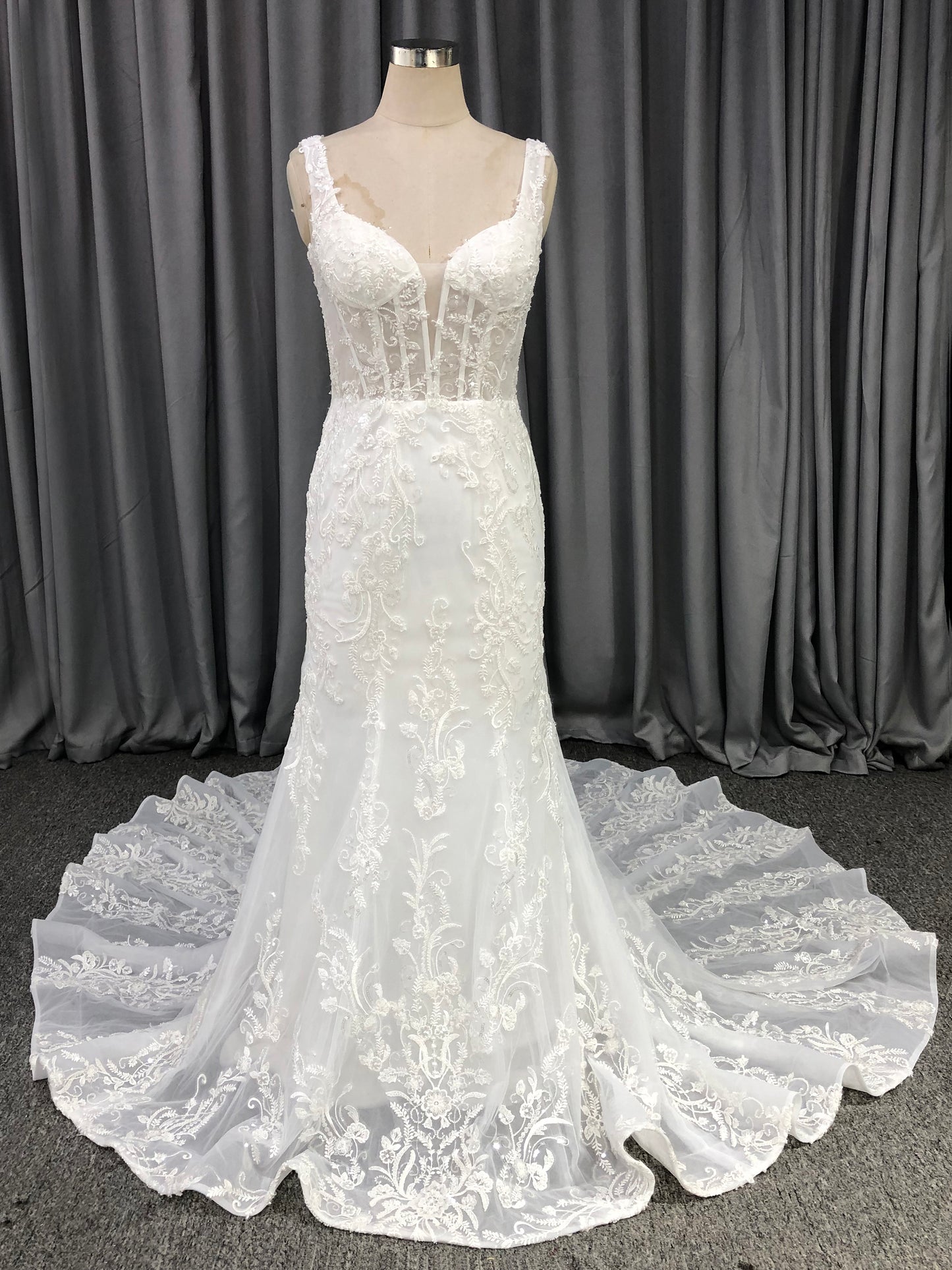 Straps Lace With Beads  Mermaid  Wedding Dress With Train C0014