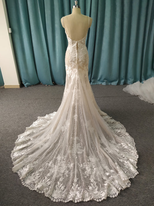 Lace Spaghetti Straps Mermaid  Wedding Dress With Train C0020
