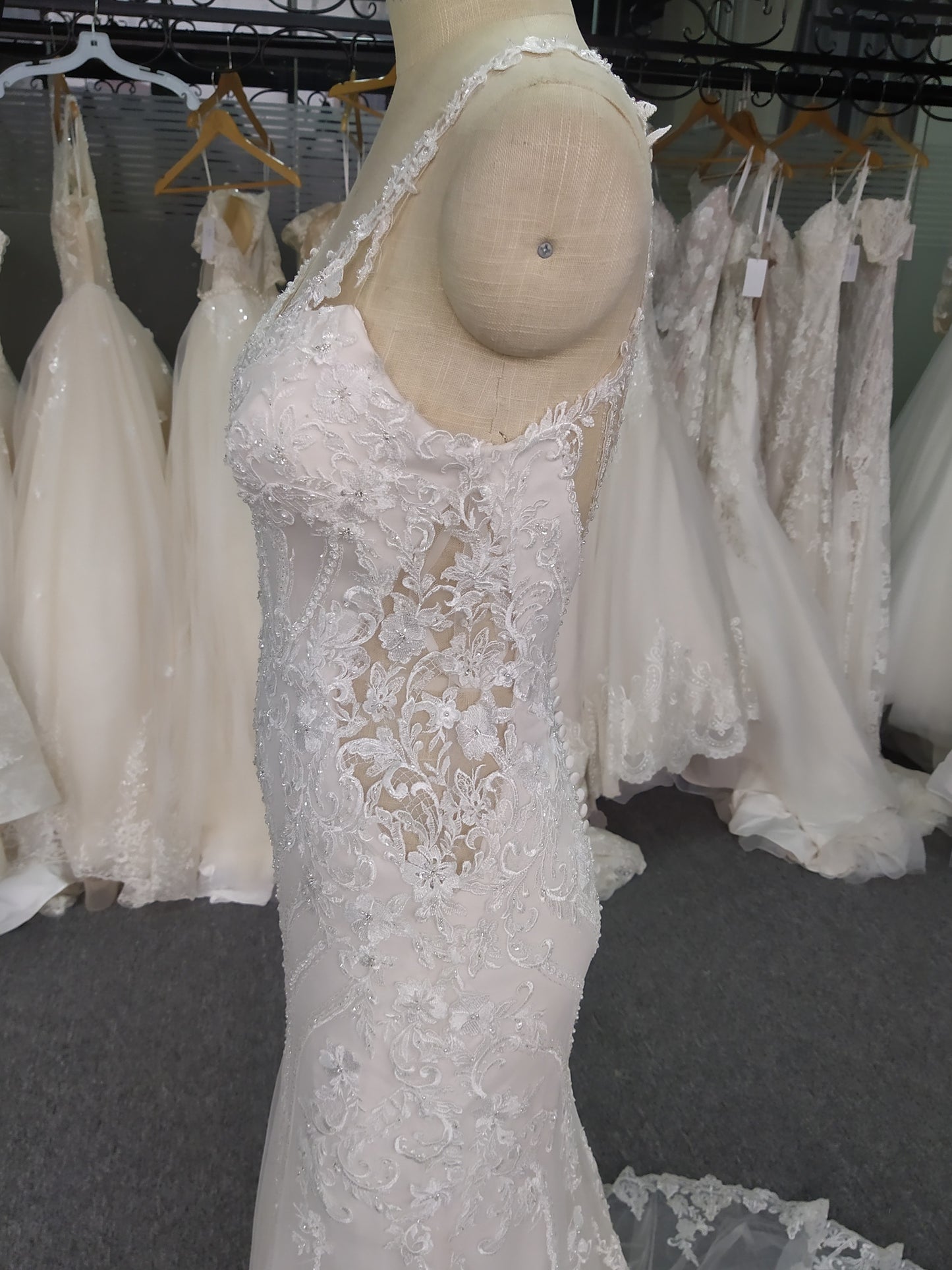 Lace Spaghetti Straps Open Back Mermaid  Wedding Dress With Train C0021