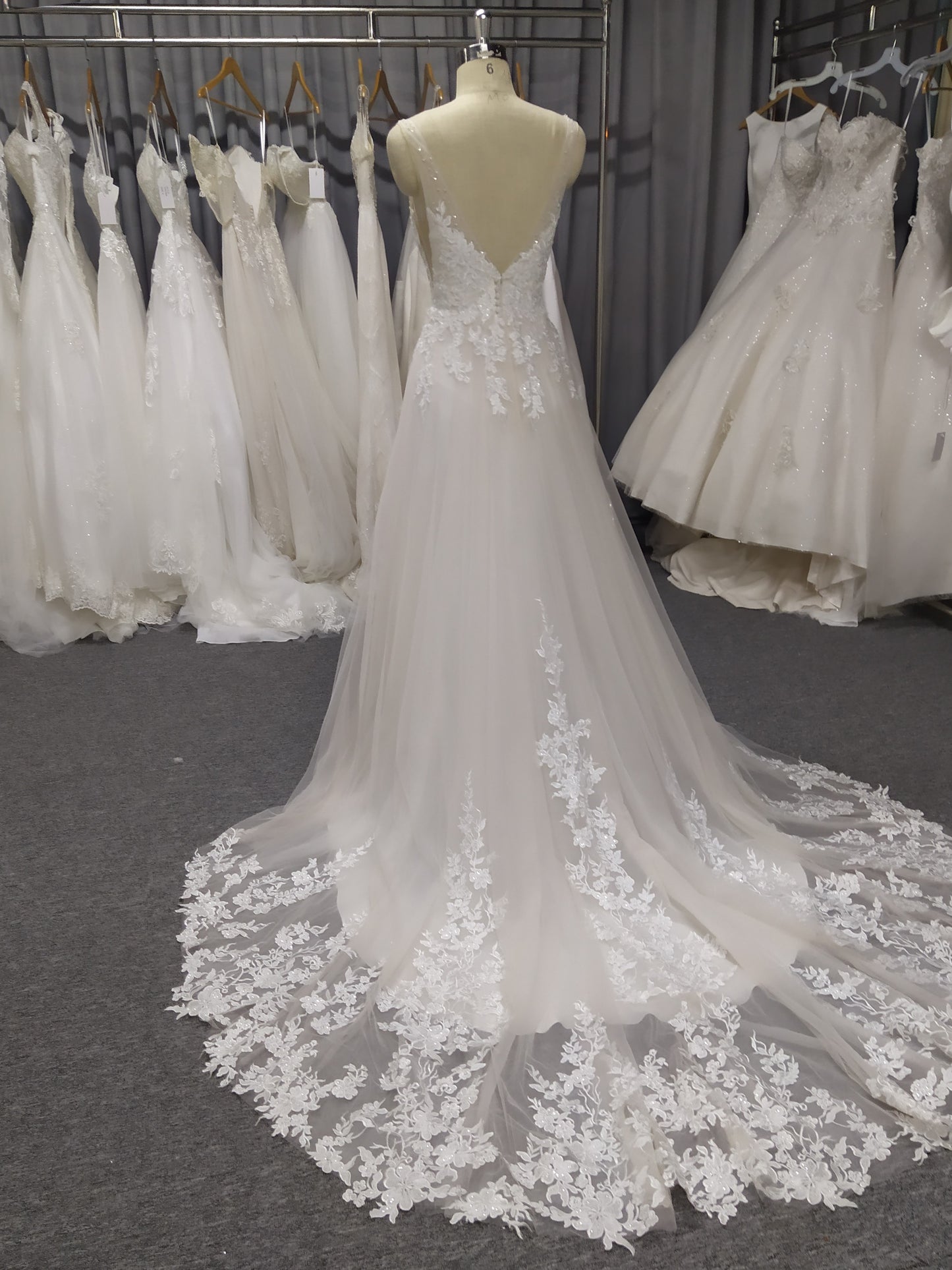 Lace Spaghetti Straps  V Neck A-line  Wedding Dress With Train C0022
