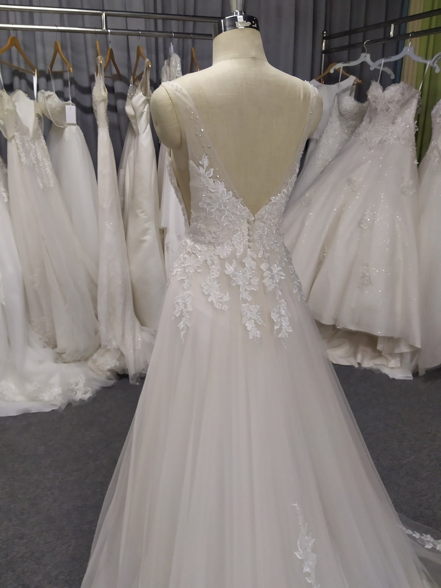 Lace Spaghetti Straps  V Neck A-line  Wedding Dress With Train C0022