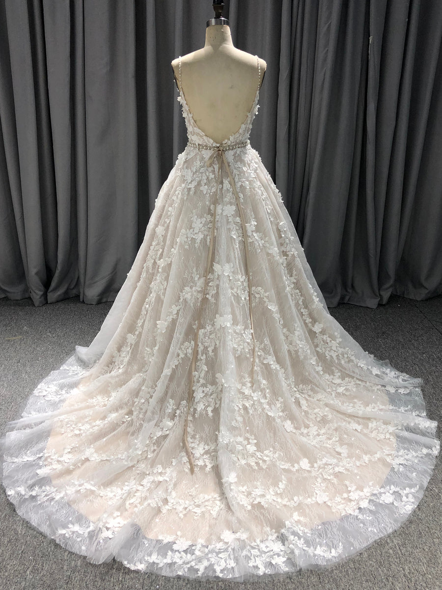 Deep V-neck Spaghetti Straps applique Backless chiffon Wedding Dresses with train, WD0366