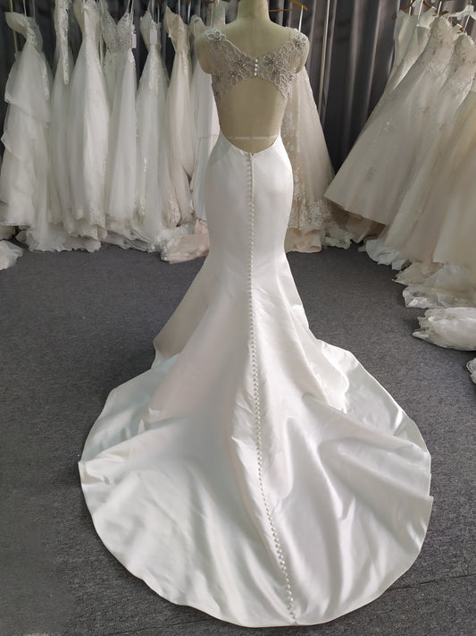 Straps V Neck Satin Mermaid  Wedding Dress With  Train C0032