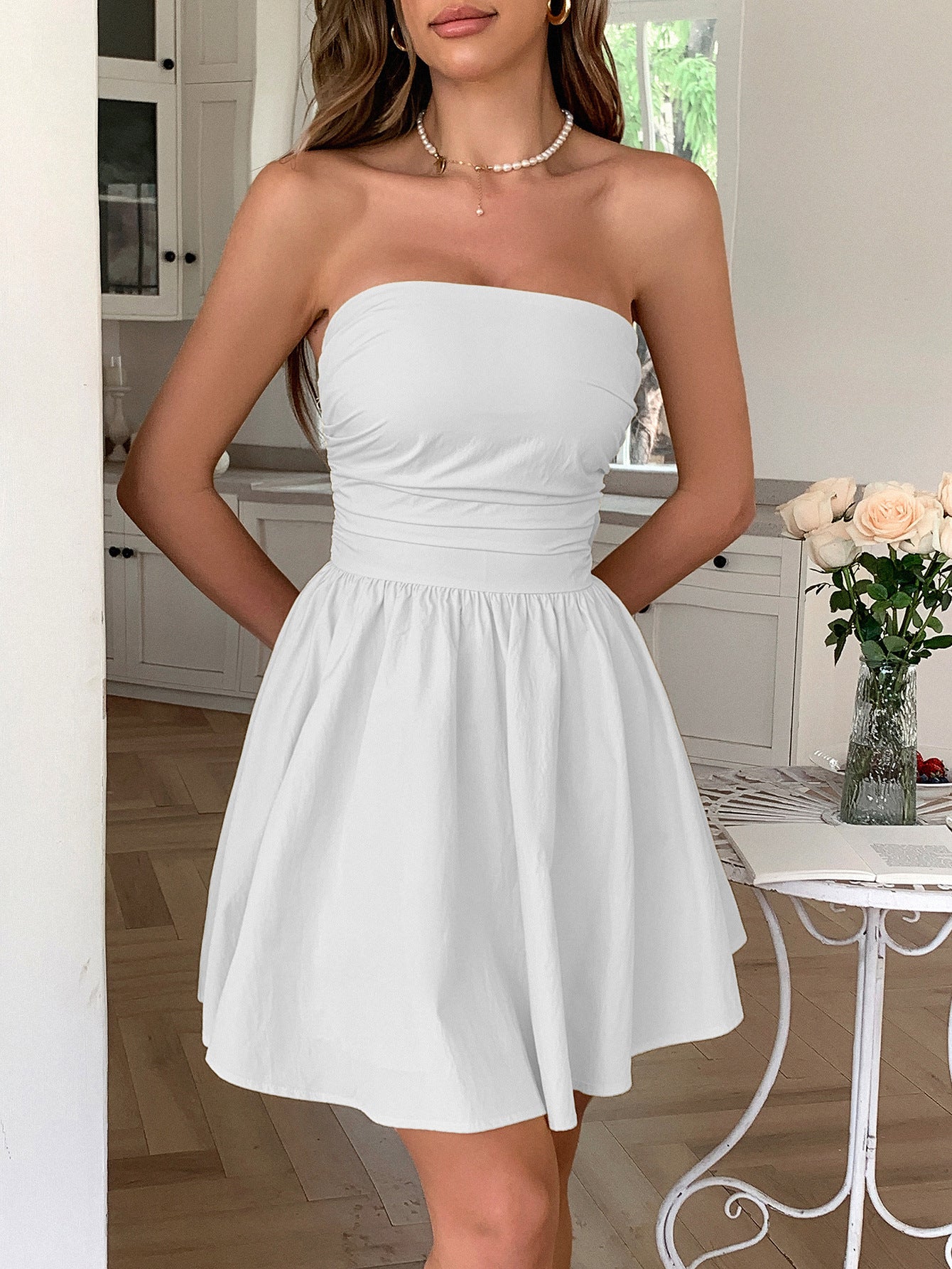 White Strapless A-Line Wedding Guest Dress with Bowknot