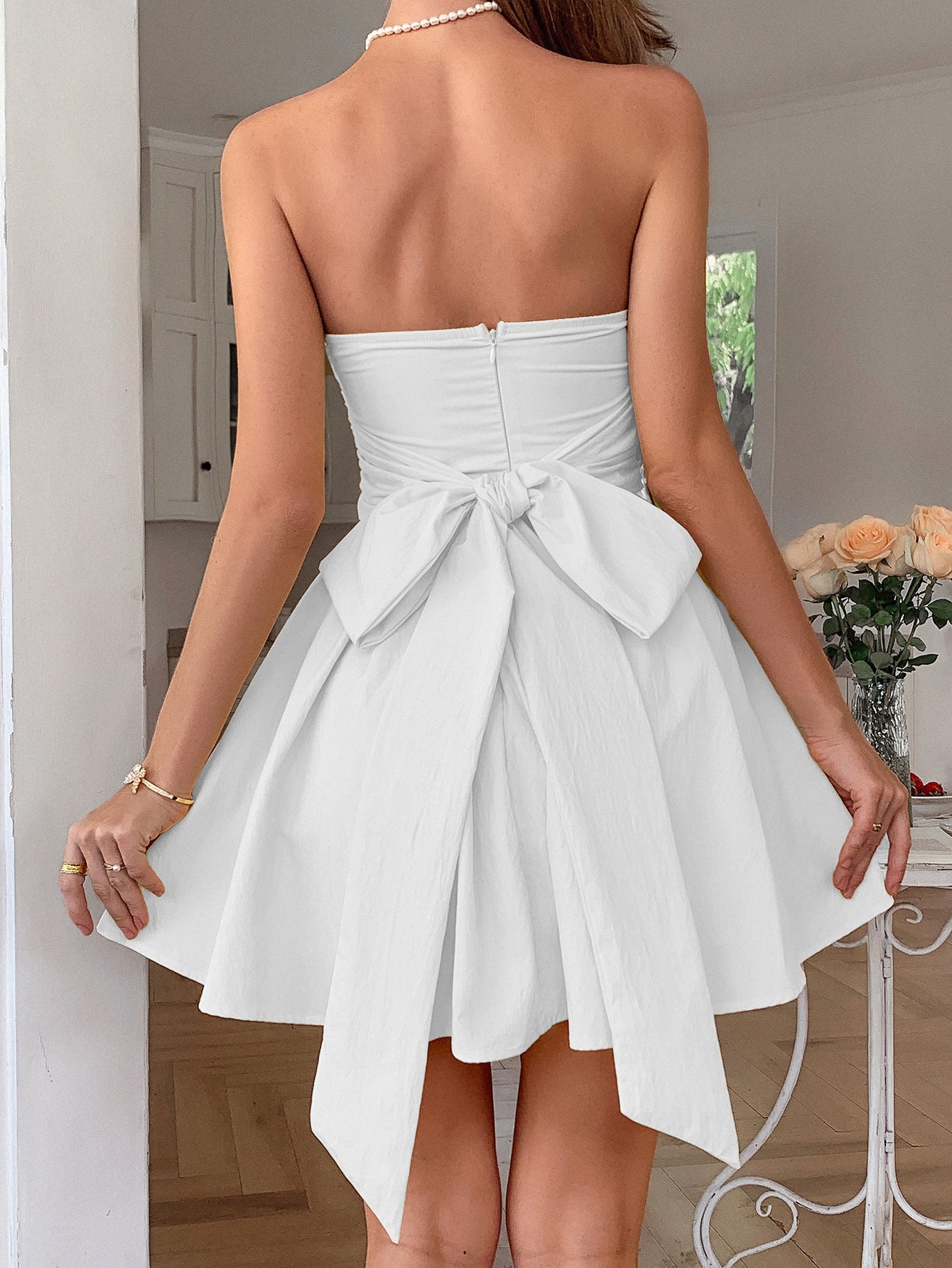 White Strapless A-Line Wedding Guest Dress with Bowknot