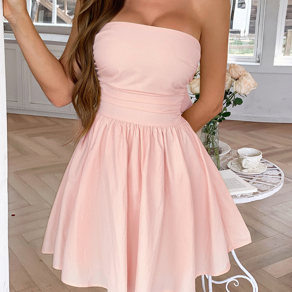 blush strapless bridesmaid dresses Blush Pink Satin Strapless Long Bridesmaid Dress PB130