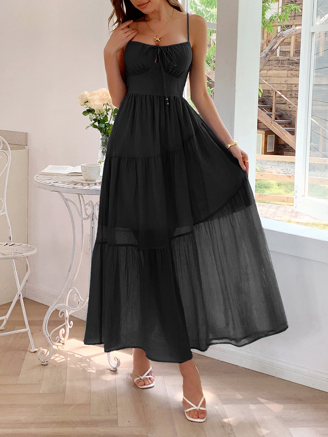 Spaghetti Straps Black A-Line Ankle Length Wedding Guest Dress