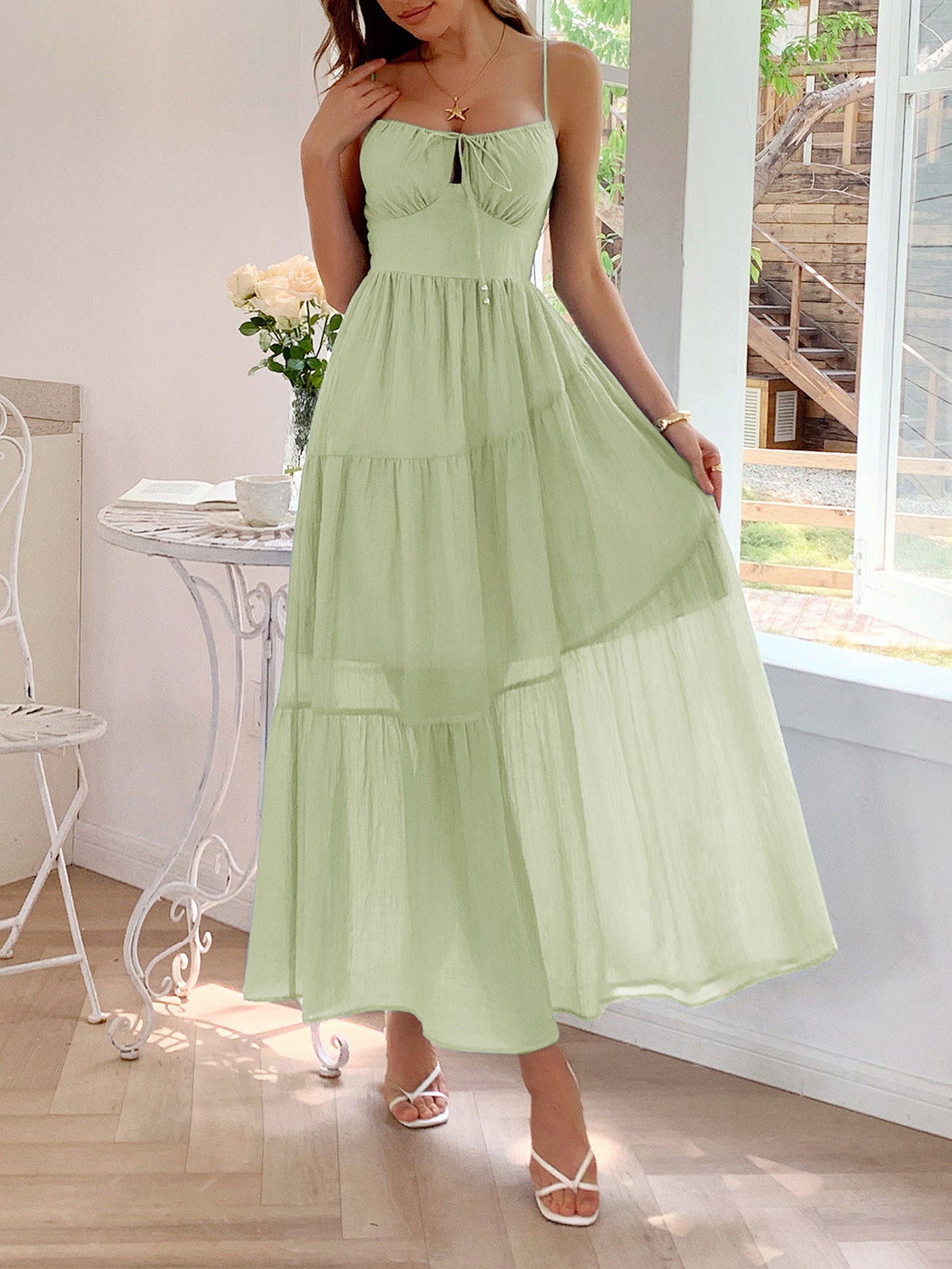 Spaghetti Straps Sage A-Line Ankle Length Wedding Guest Dress
