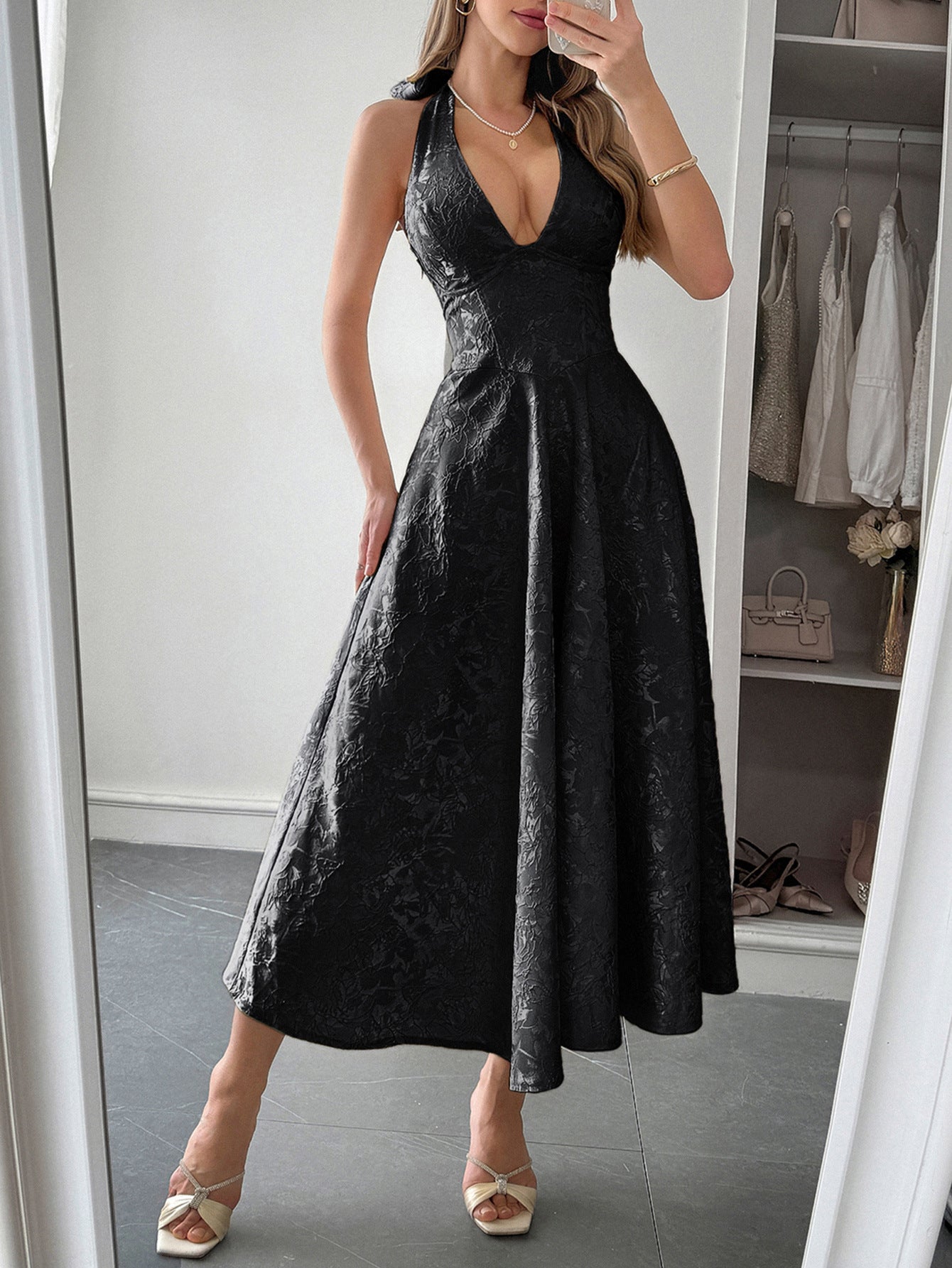 Halter A-Line Lace Up Black Sleeveless Wedding Guest Dress
