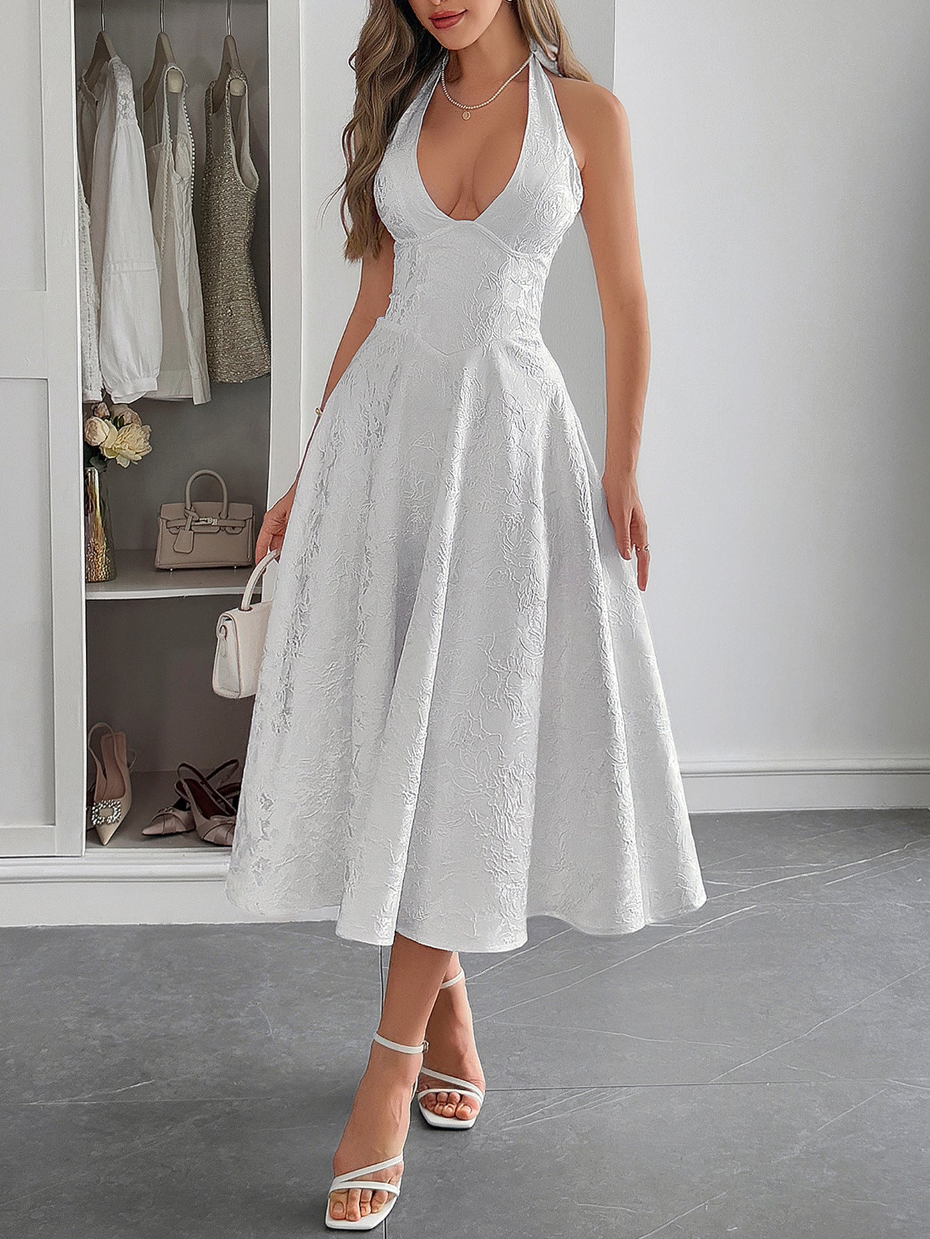 Halter A-Line Lace Up White Sleeveless Wedding Guest Dress