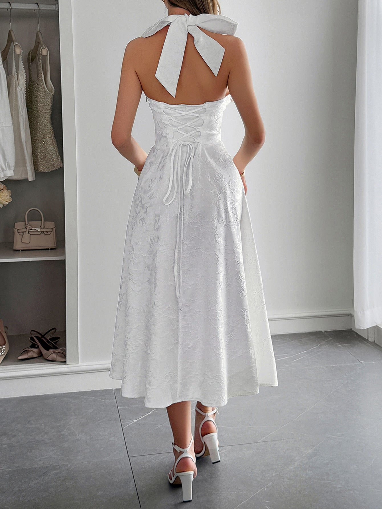 Halter A-Line Lace Up White Sleeveless Wedding Guest Dress