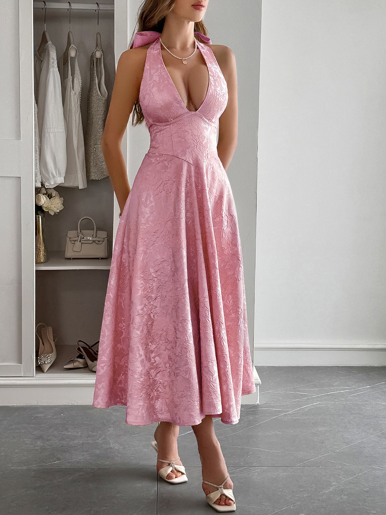 Halter A-Line Lace Up Pink Sleeveless Wedding Guest Dress