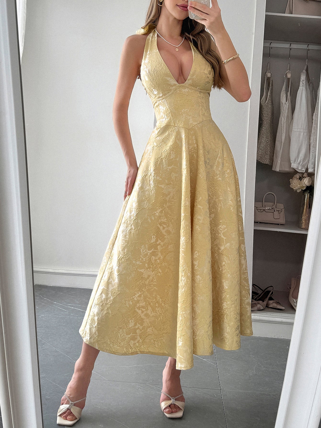 Halter A-Line Lace Up Daffodil Sleeveless Wedding Guest Dress