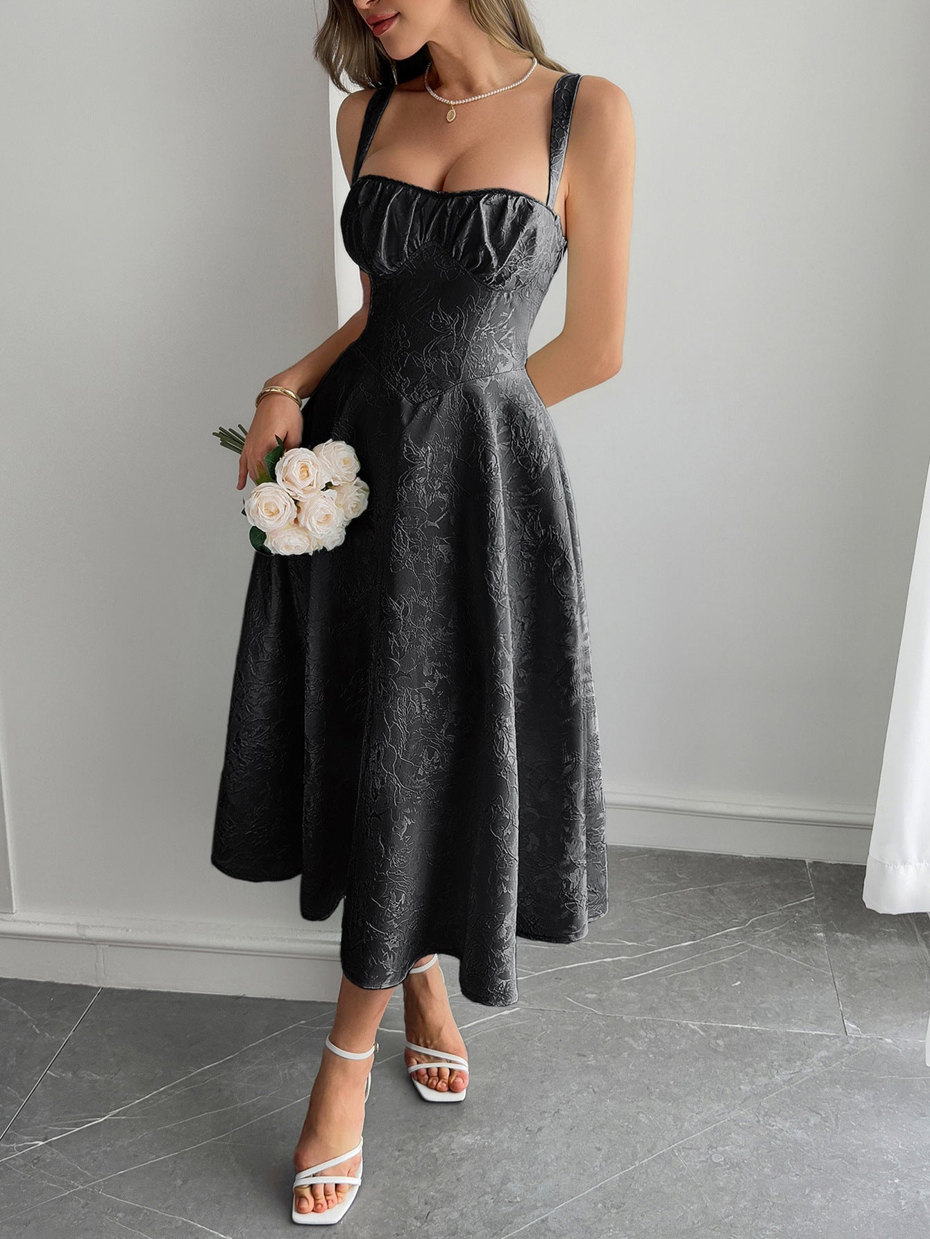 Black Straps A-Line Wedding Guest Dress