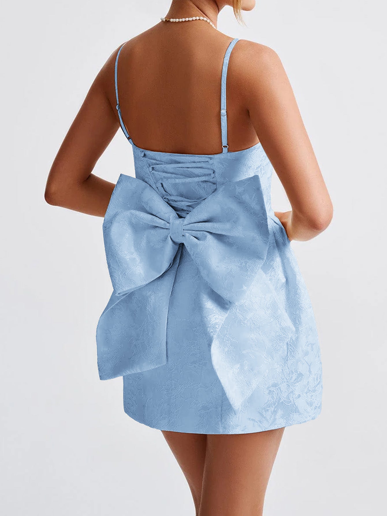 Spaghetti Straps Sky Blue Floral Wedding Guest Dress with Bowknot