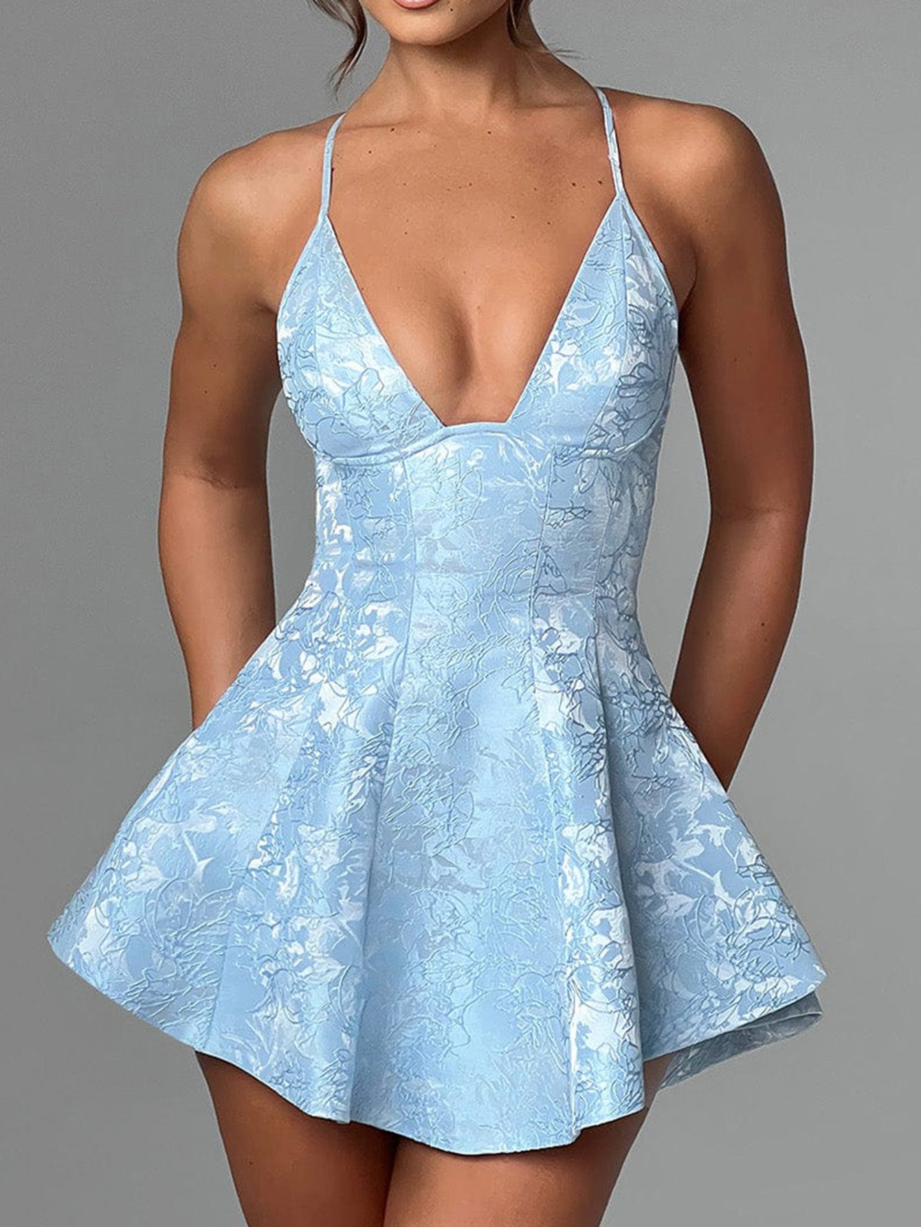 Sky Blue Halter Sleeveless Wedding Guest Dress