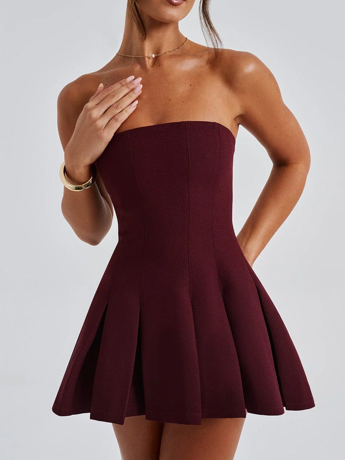 Burgundy Strapless Mini Sleeveless Wedding Guest Dress