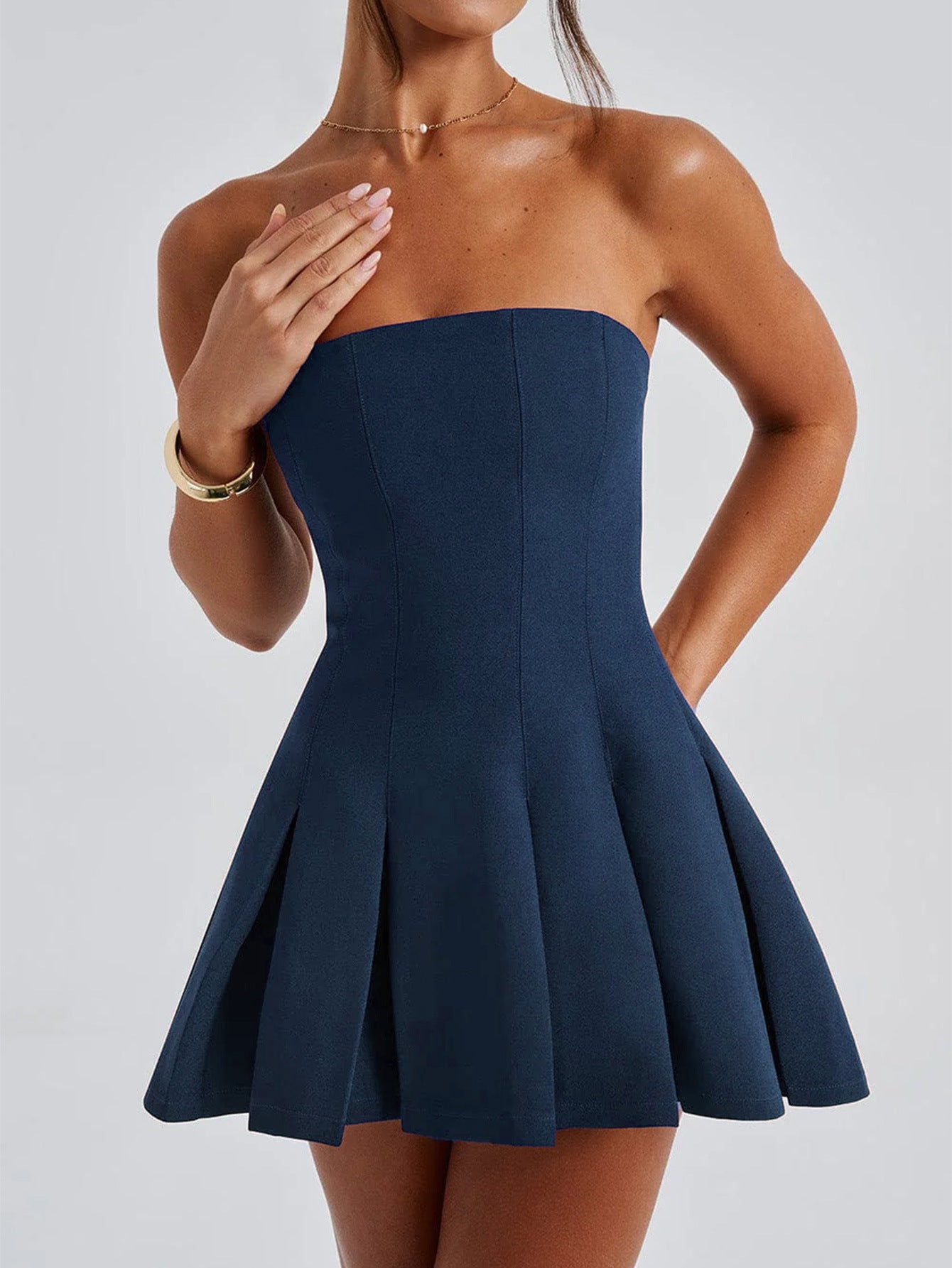 Dark Navy Strapless Mini Sleeveless Wedding Guest Dress