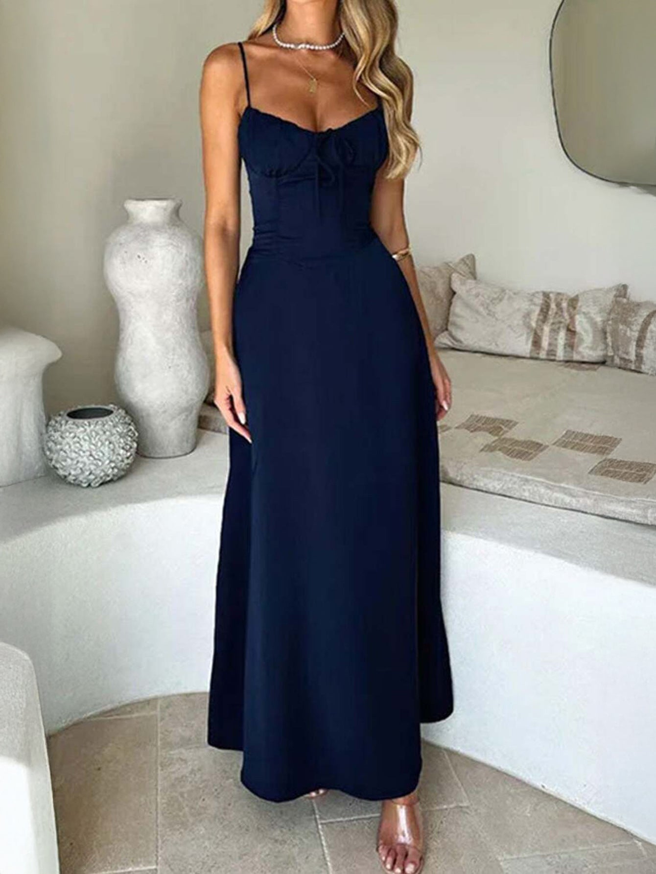 Elegant Dark Navy Spaghetti Straps Sleeveless Wedding Guest Dress