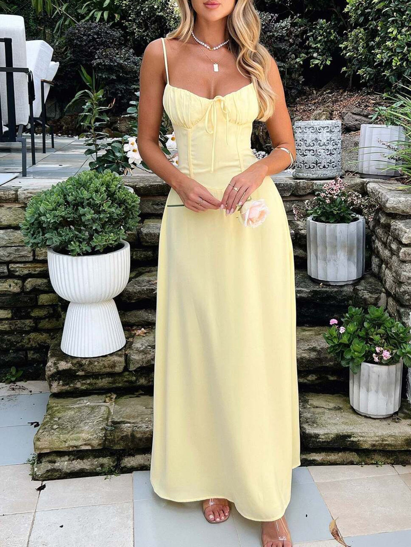 Elegant Daffodil Spaghetti Straps Sleeveless Wedding Guest Dress