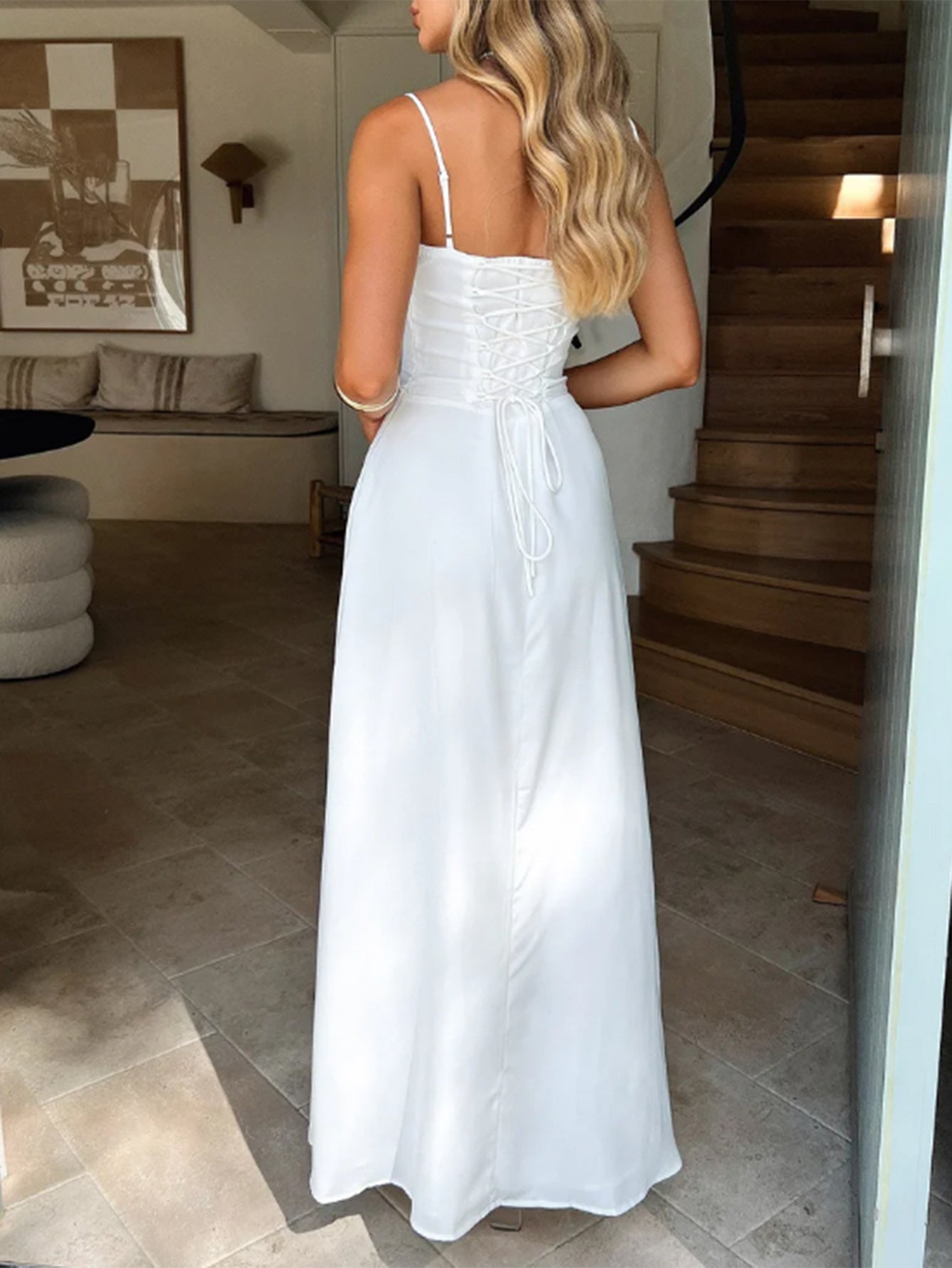 Elegant White Spaghetti Straps Sleeveless Wedding Guest Dress