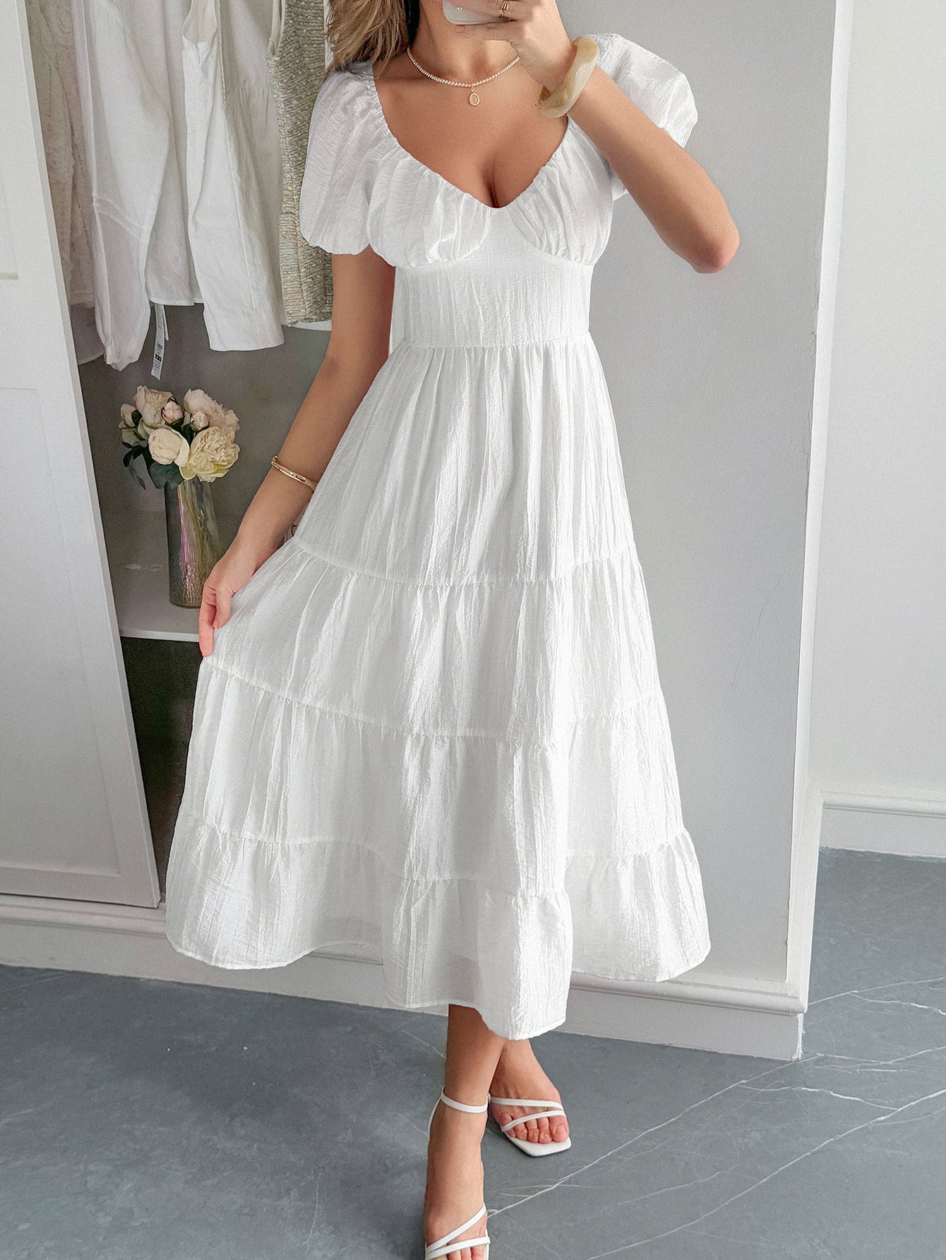 White V-Neck Layers A-Line Wedding Guest Dress