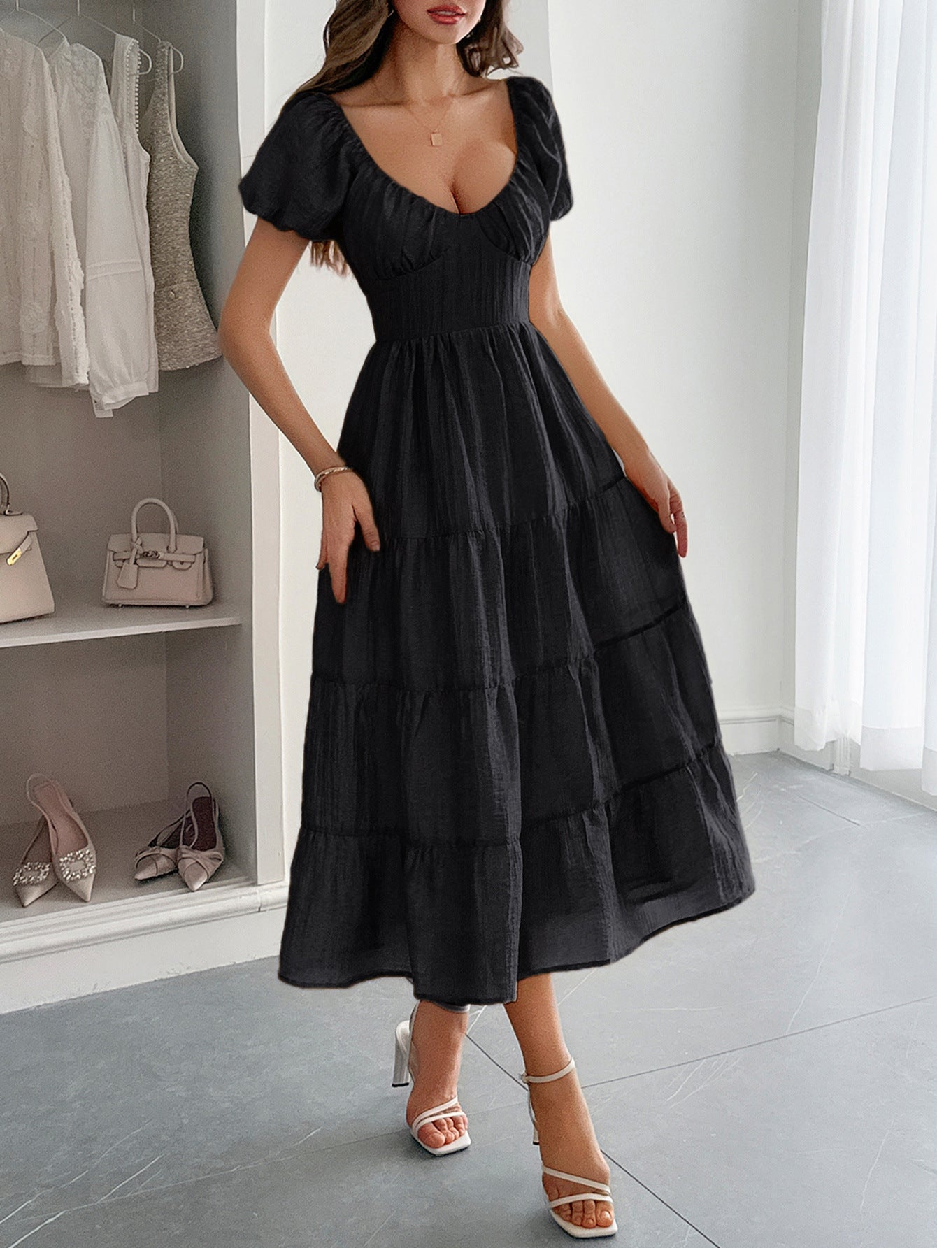 Black V-Neck Layers A-Line Wedding Guest Dress