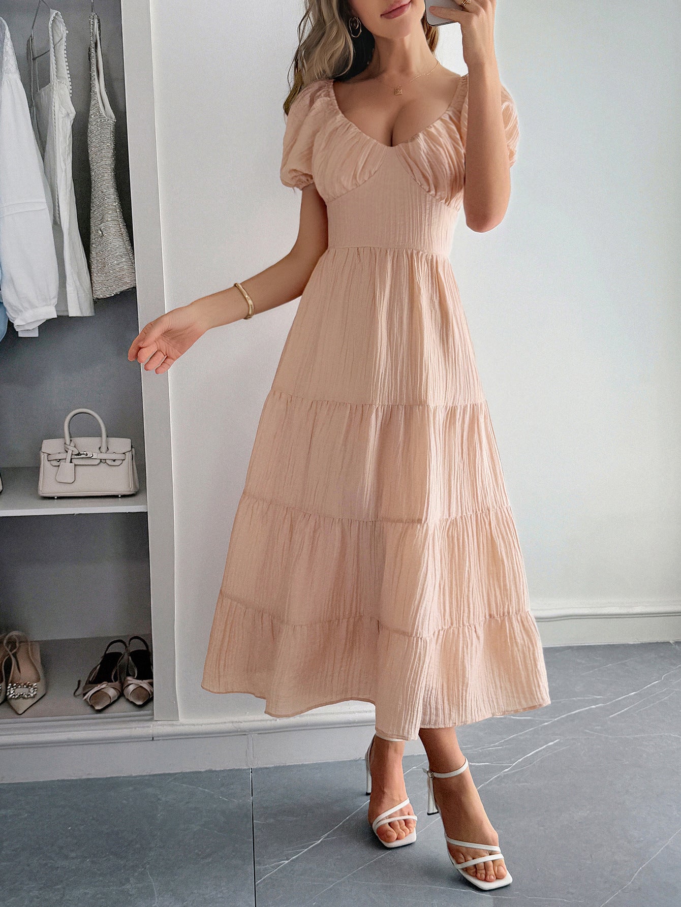 Coral V-Neck Layers A-Line Wedding Guest Dress