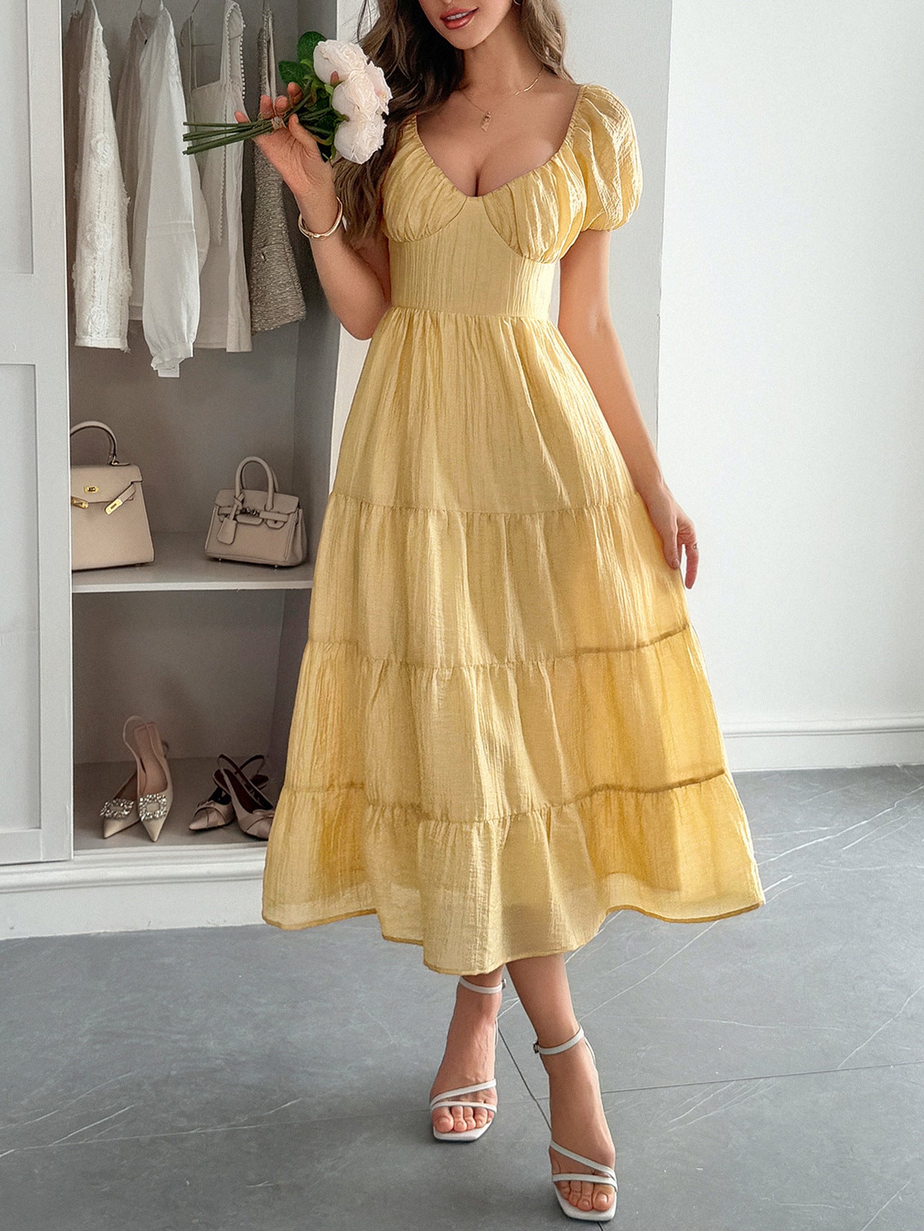 Gold V-Neck Layers A-Line Wedding Guest Dress