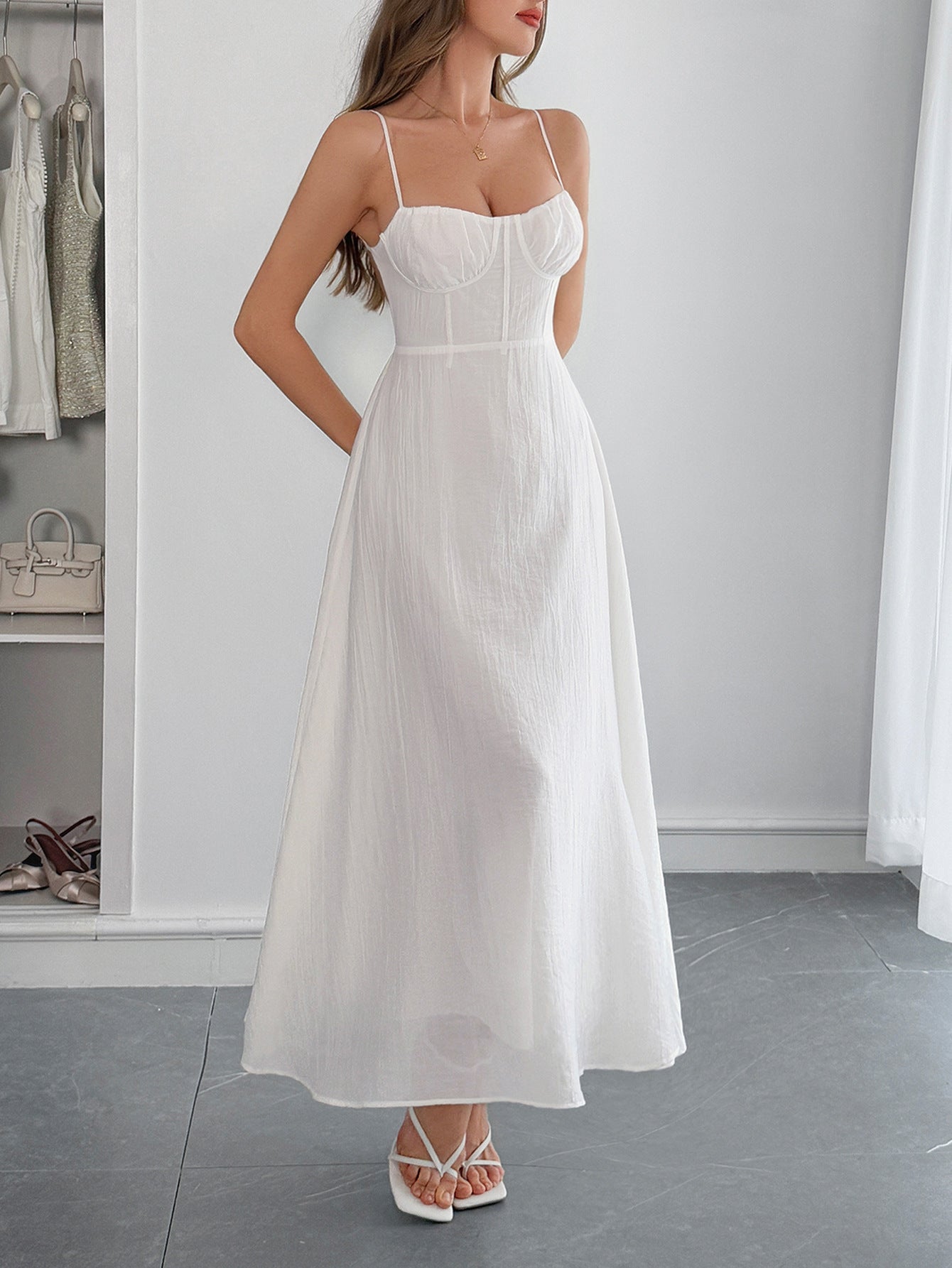 Spaghetti Straps Sleeveless White Wedding Guest Dress