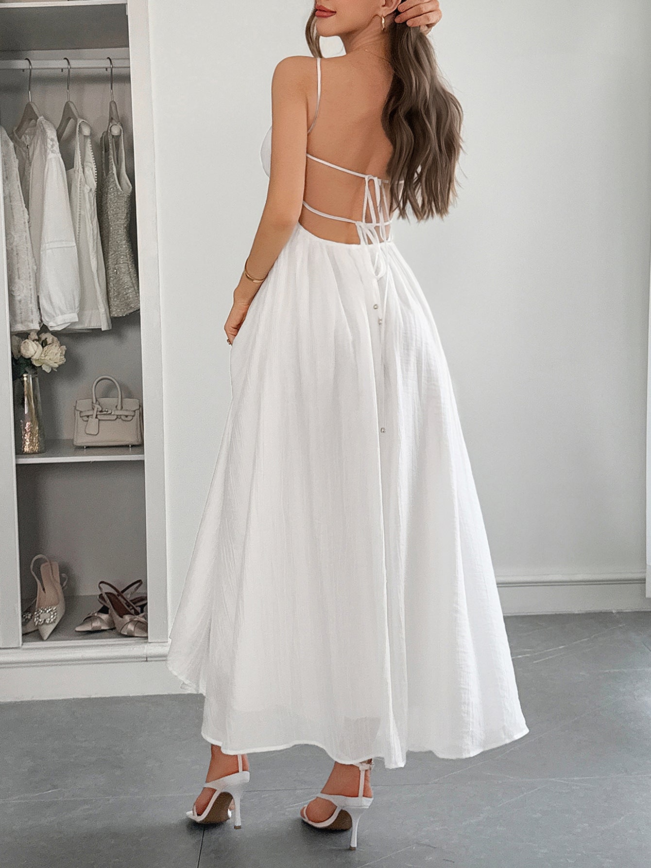 Spaghetti Straps Sleeveless White Wedding Guest Dress
