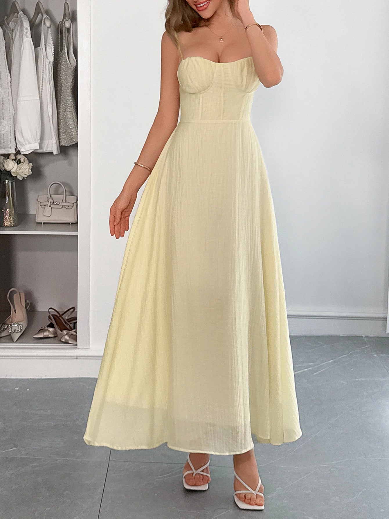 Spaghetti Straps Sleeveless Daffodil Wedding Guest Dress