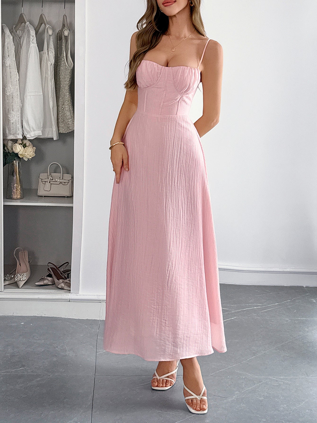Spaghetti Straps Sleeveless Blush Wedding Guest Dress