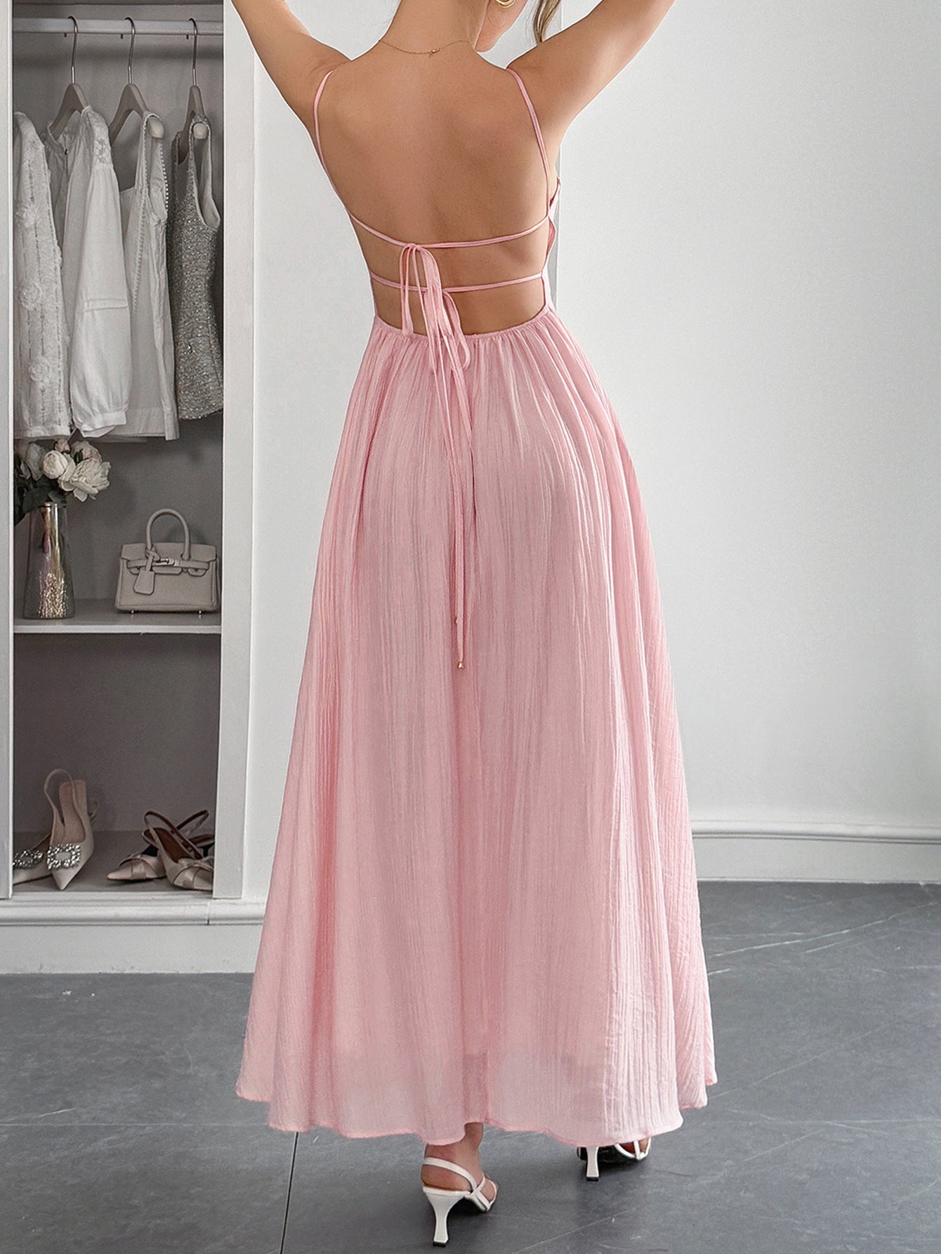Spaghetti Straps Sleeveless Blush Wedding Guest Dress