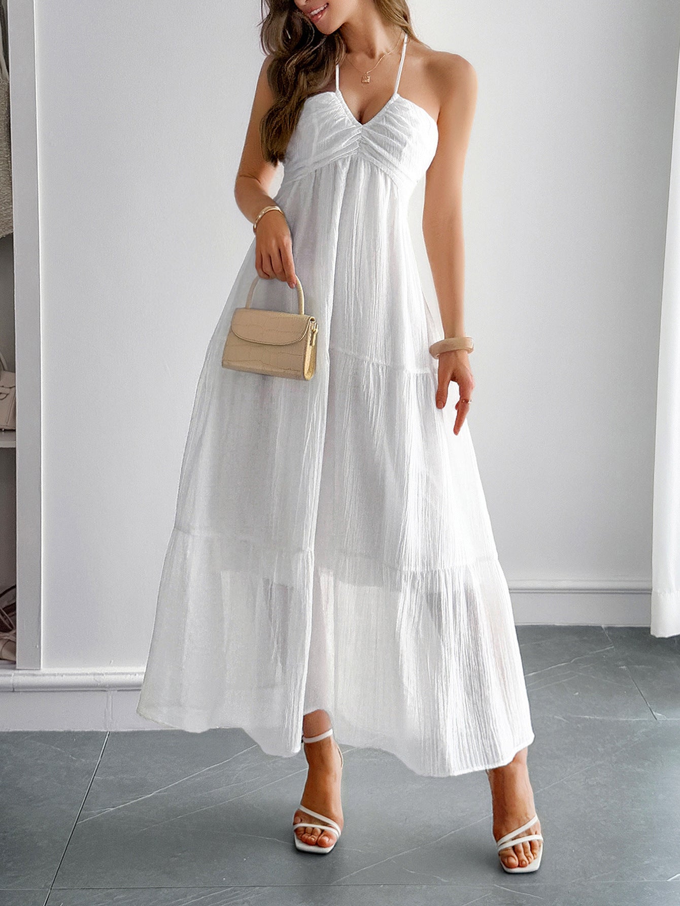 Halter White Sleeveless Ankle Length Wedding Guest Dress