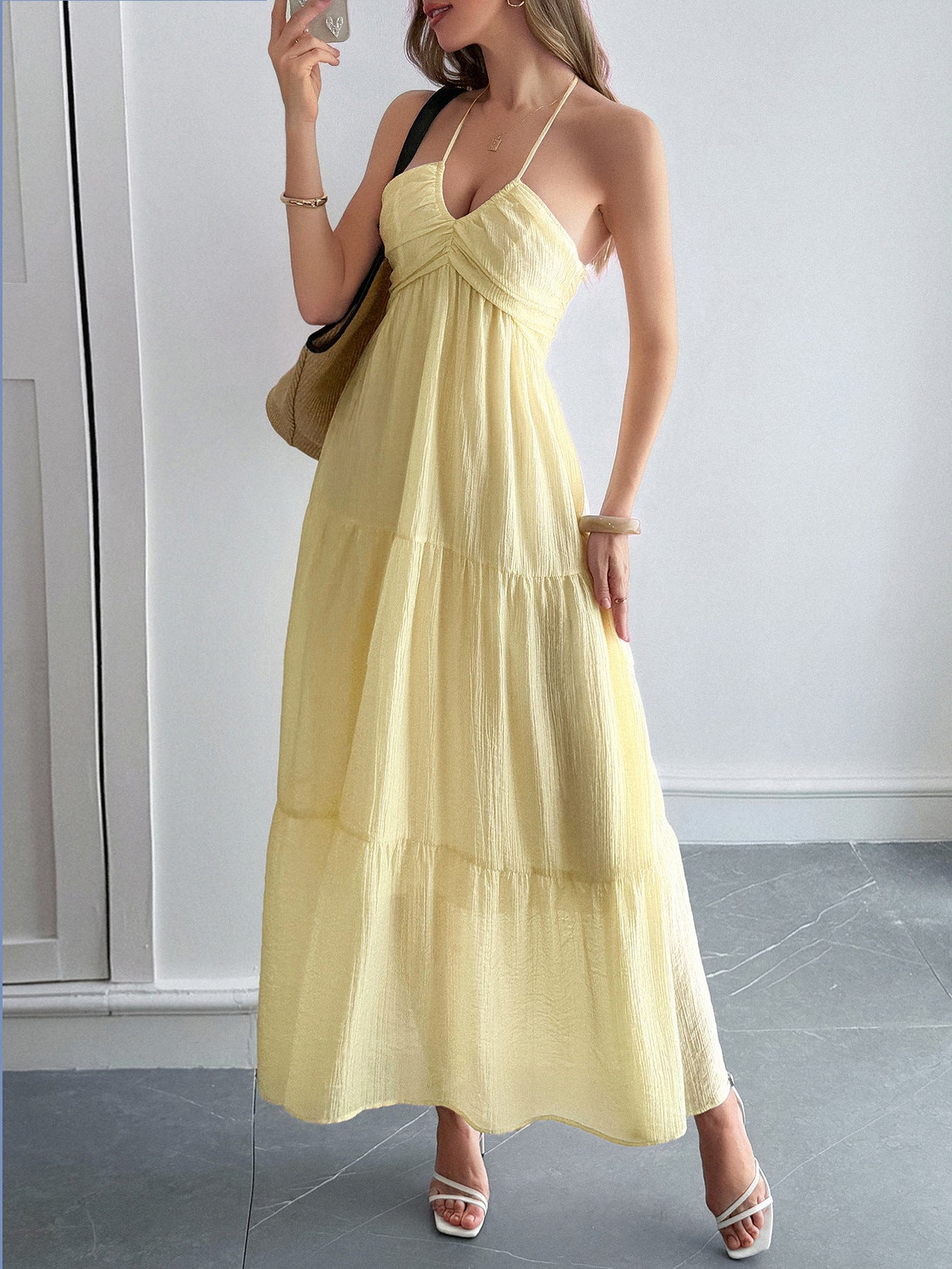 Halter Daffodil Sleeveless Ankle Length Wedding Guest Dress