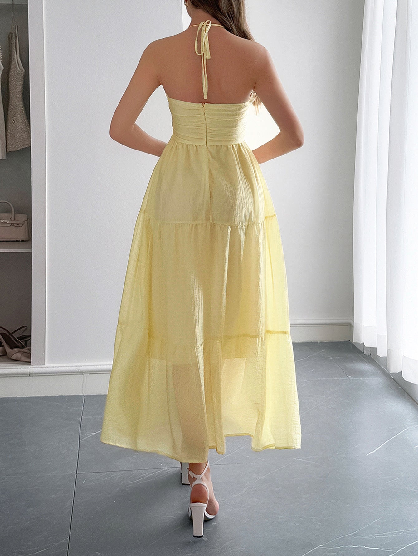 Halter Daffodil Sleeveless Ankle Length Wedding Guest Dress