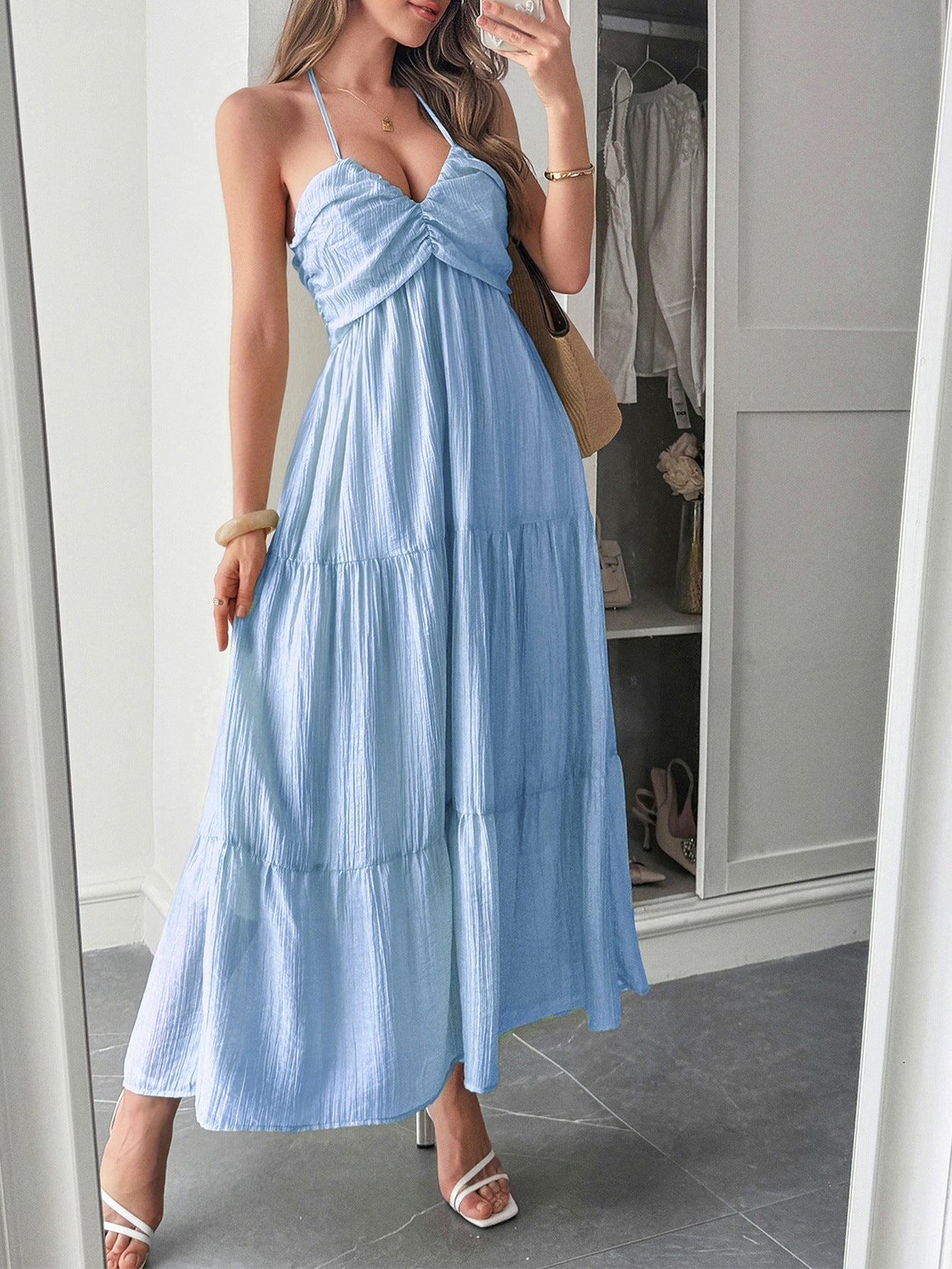 Halter Blue Sleeveless Ankle Length Wedding Guest Dress