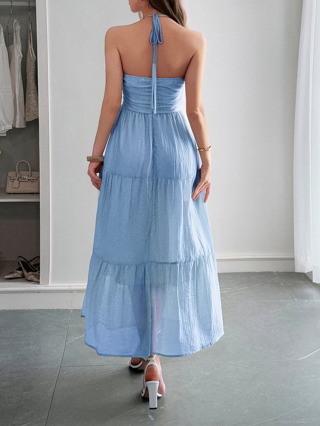 Halter Blue Sleeveless Ankle Length Wedding Guest Dress