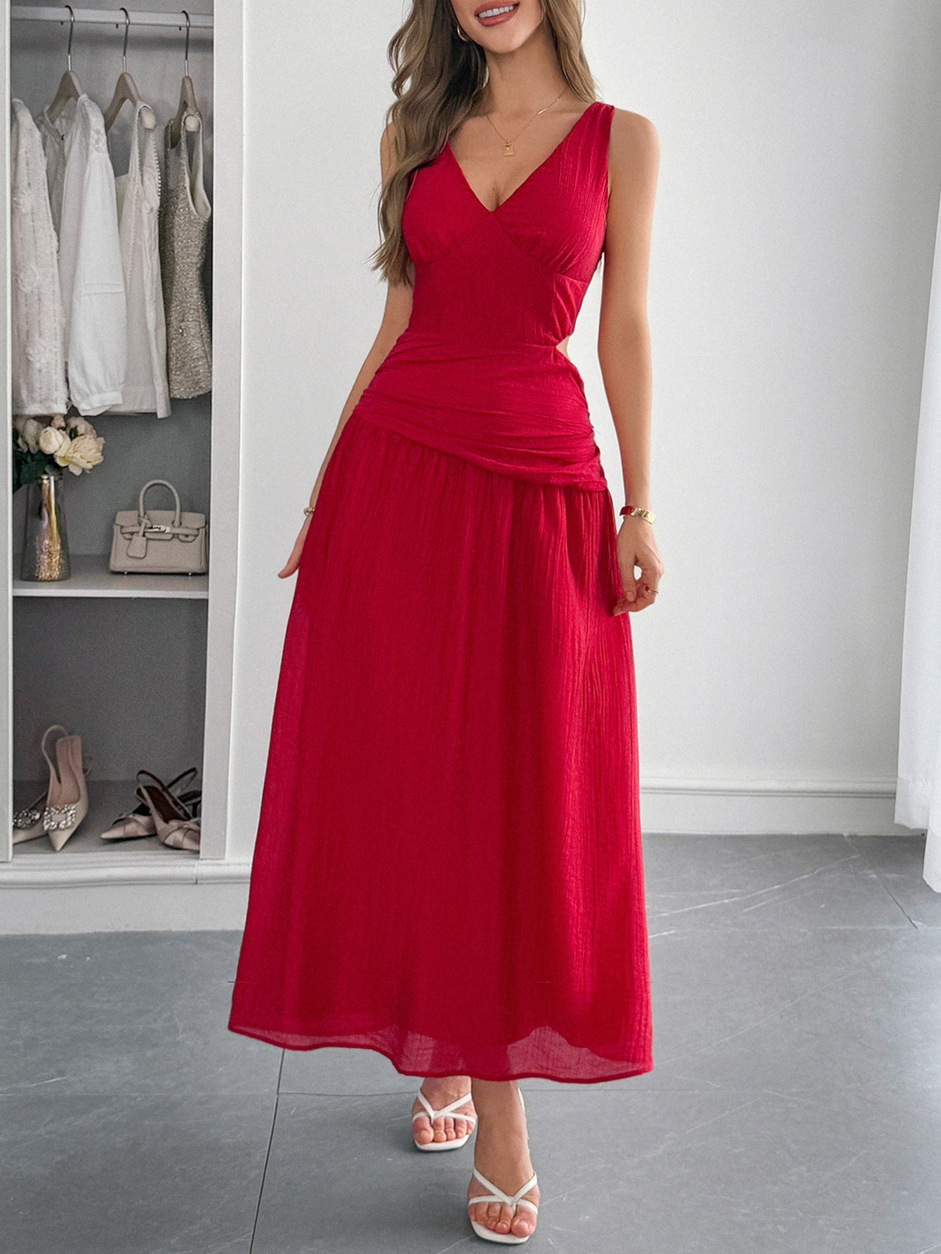 V-Neck Red A-Line Wedding Guest Dress