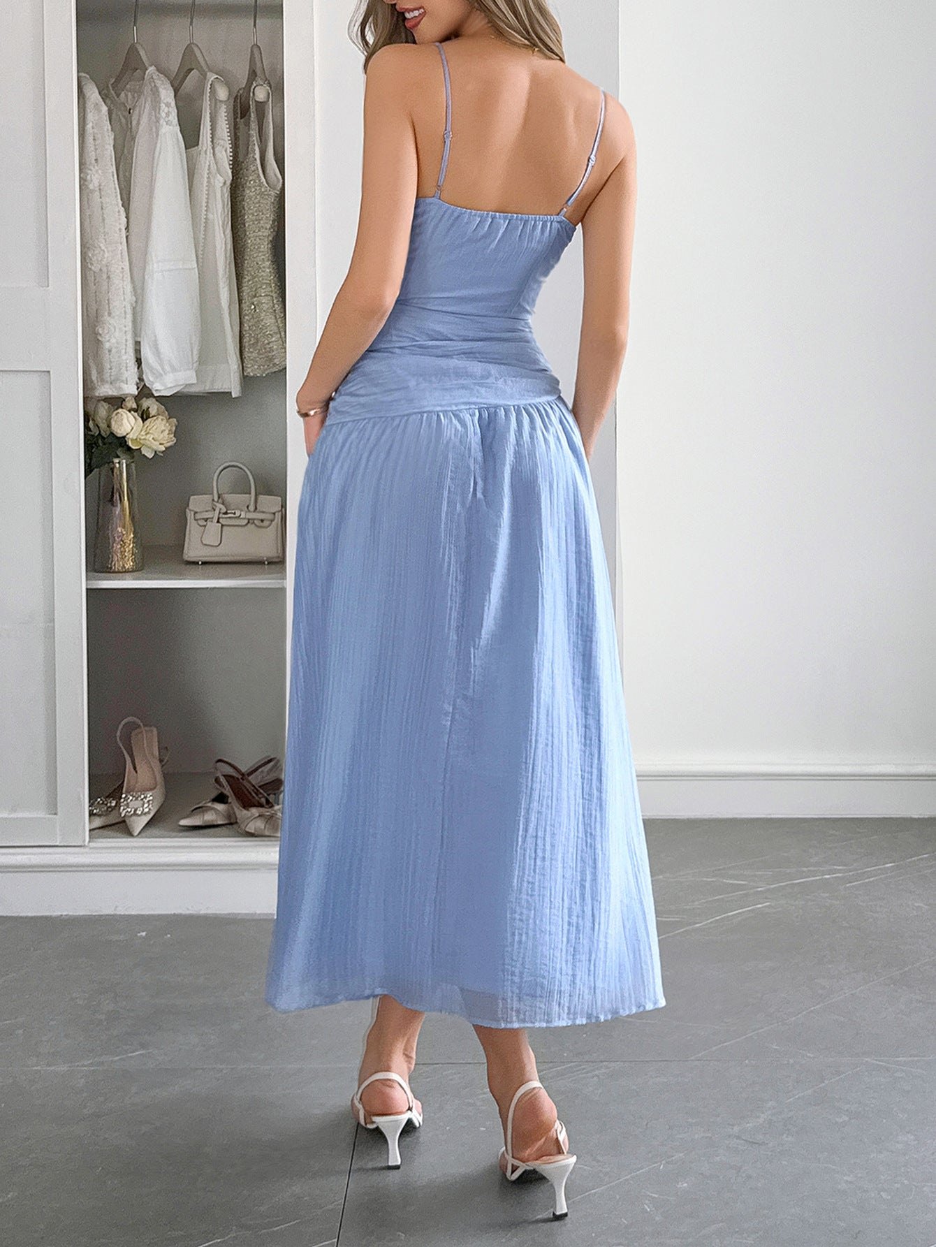 V-Neck Blue A-Line Wedding Guest Dress
