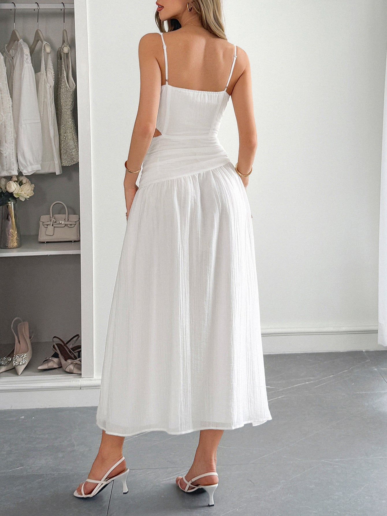 V-Neck White A-Line Wedding Guest Dress