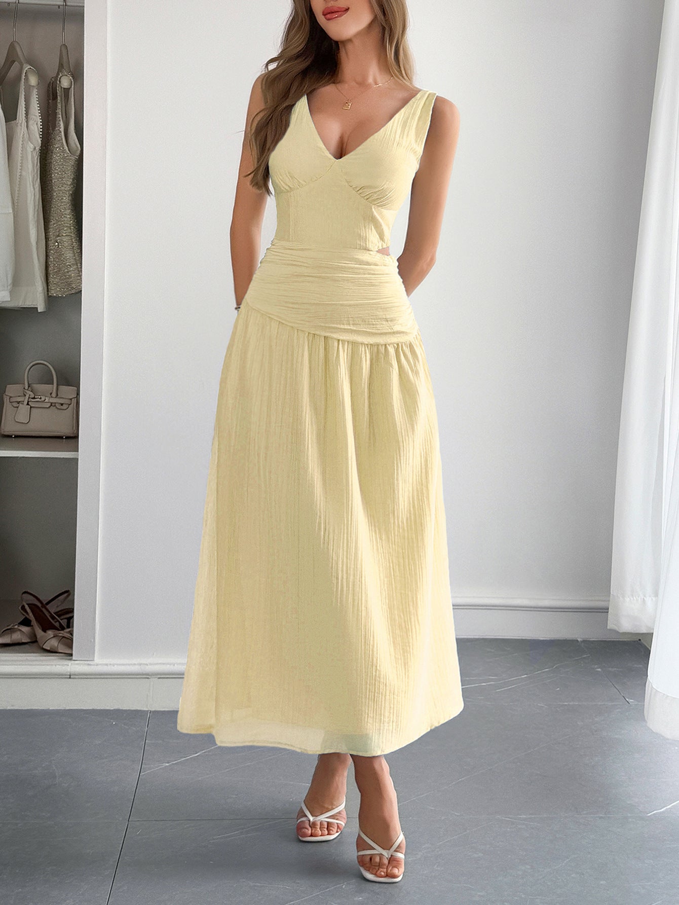 V-Neck Daffodil A-Line Wedding Guest Dress