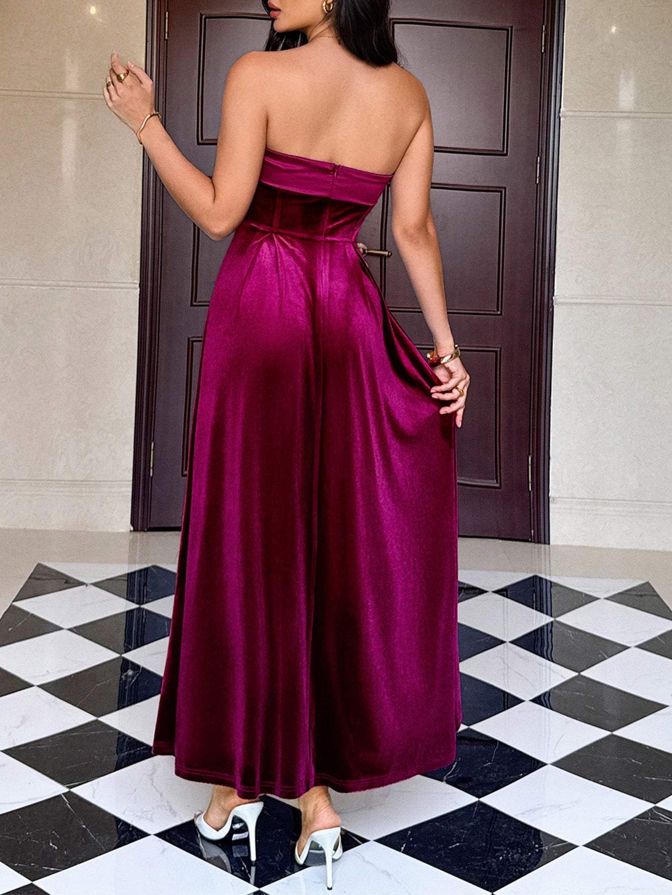 Burgundy Strapless A-Line Ankle Length Wedding Guest Dress