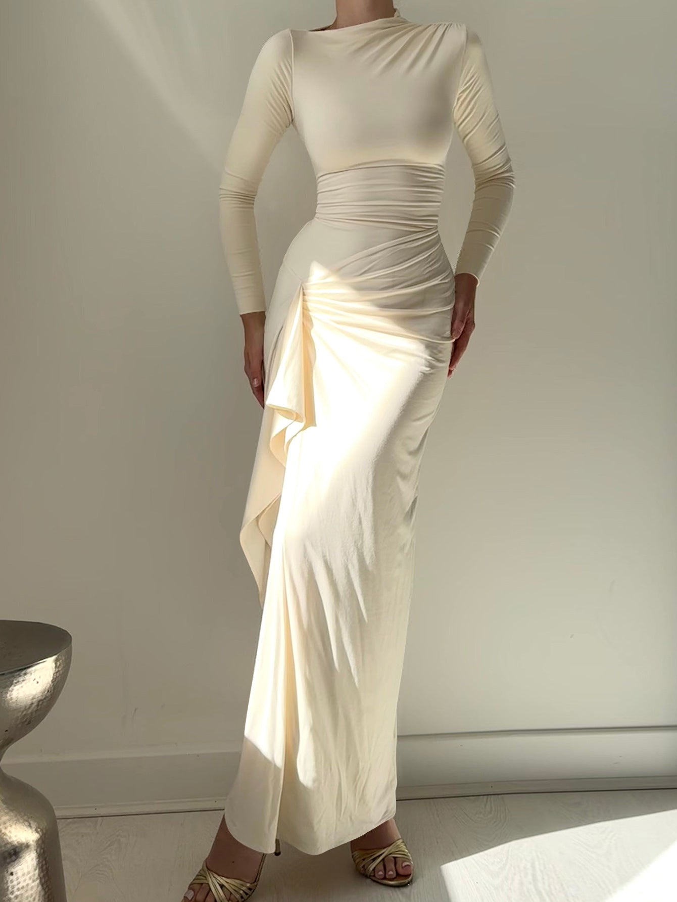 Trumpet/Mermaid Ivory Long Sleeves Wedding Guest Dress with Ruffle Side