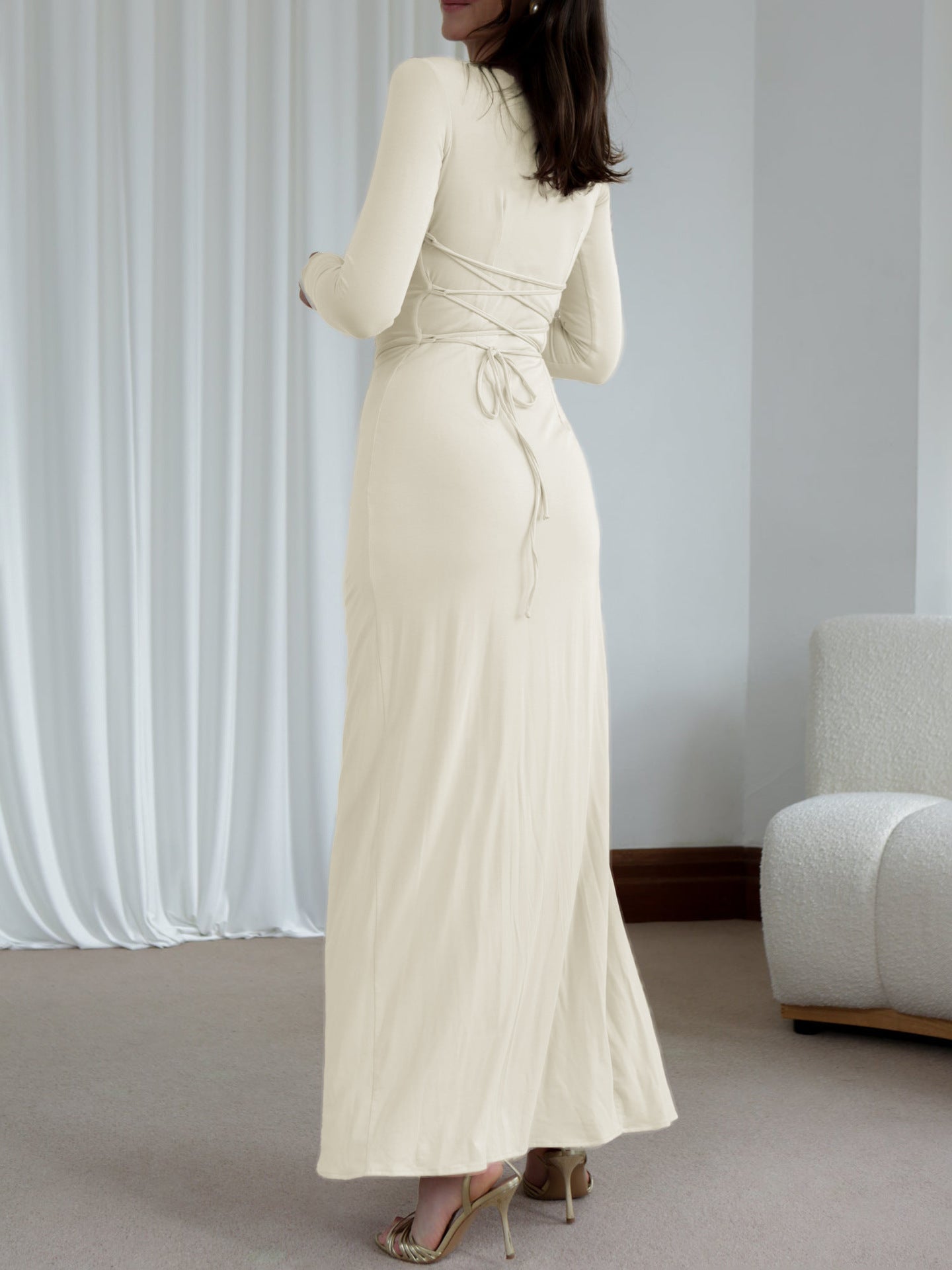 Trumpet/Mermaid Ivory Long Sleeves Wedding Guest Dress with Ruffle Side
