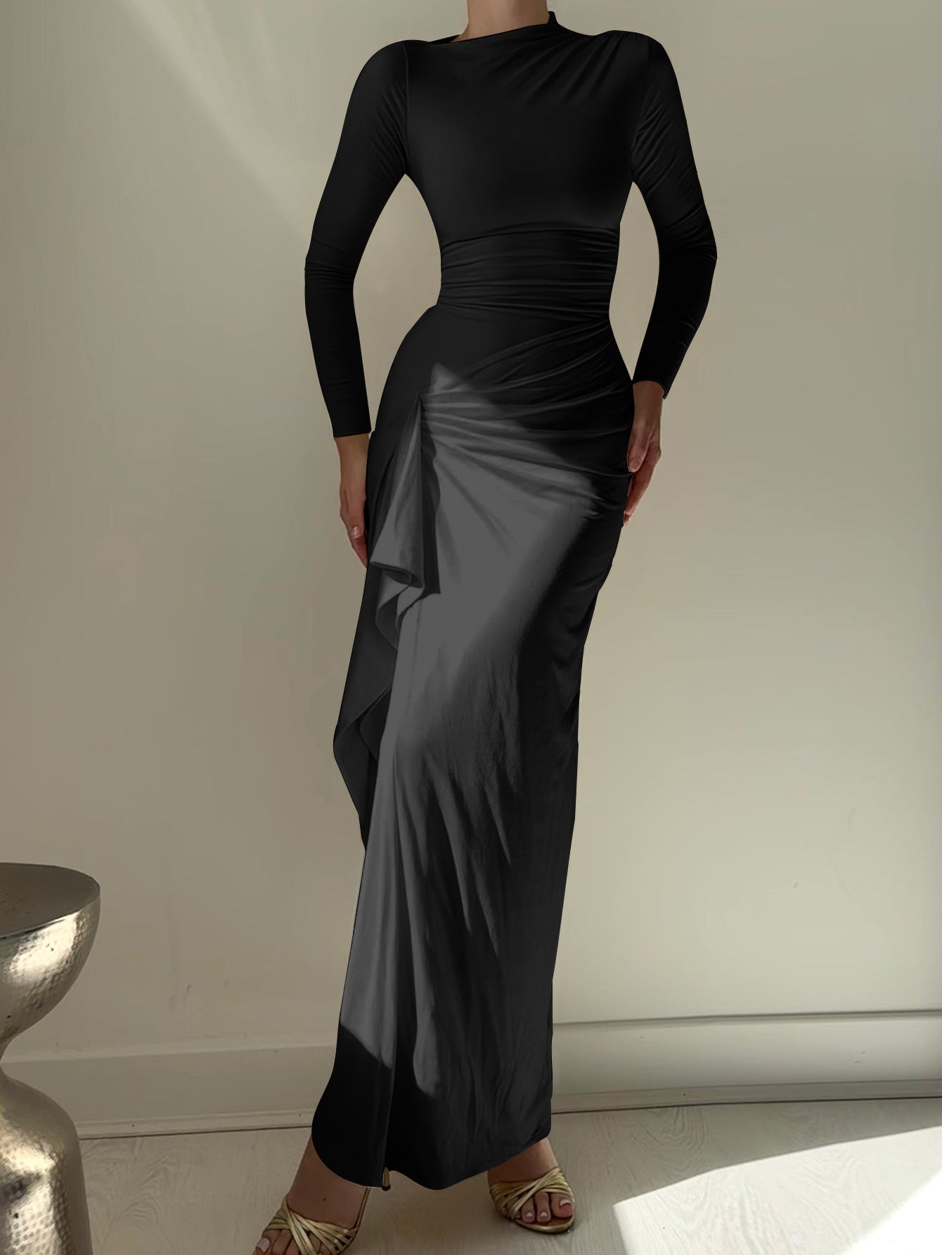 Trumpet/Mermaid Black Long Sleeves Wedding Guest Dress with Ruffle Side